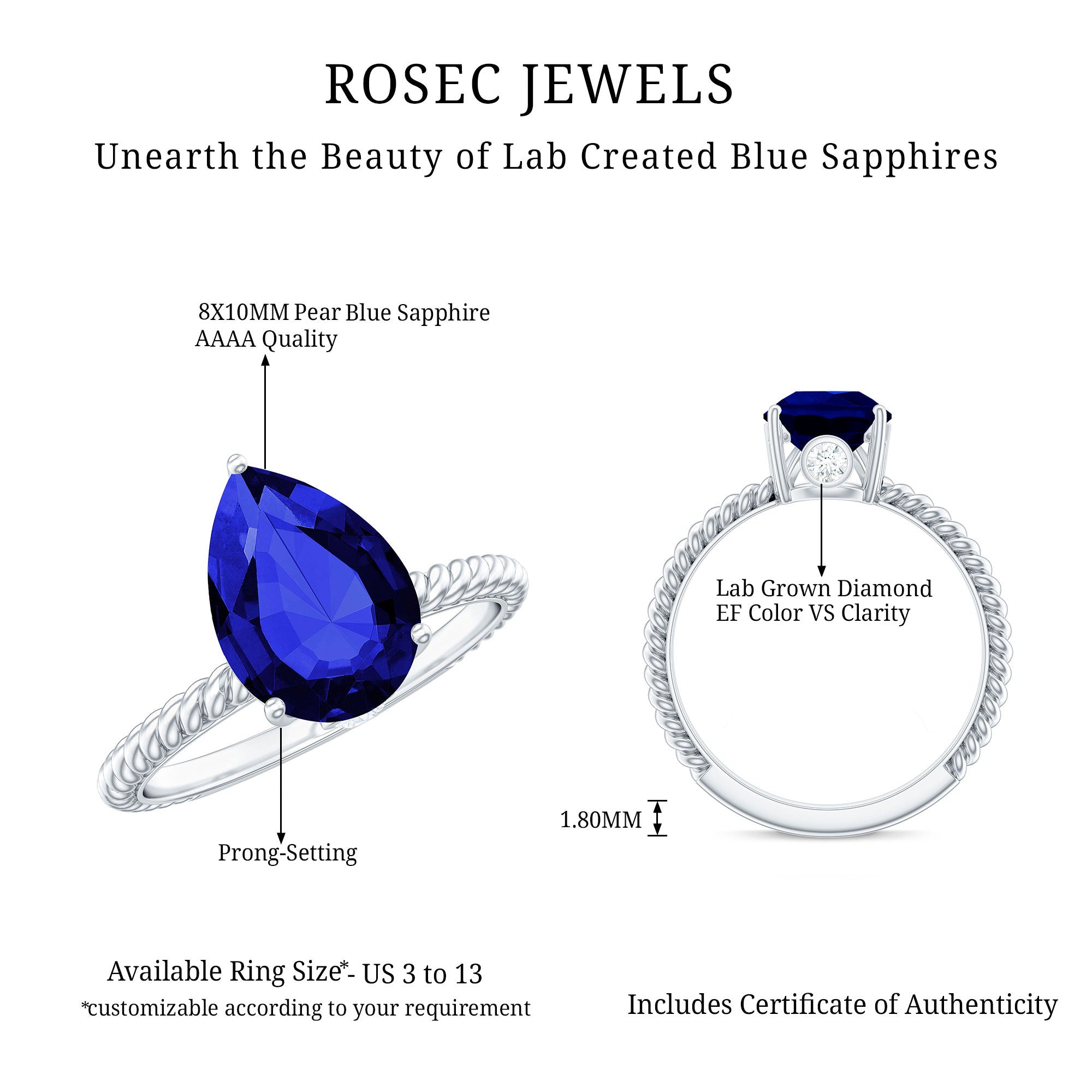 Certified 3 Carat Lab Grown Blue Sapphire Pear Shaped Engagement Ring AAAA - Rosec Jewels