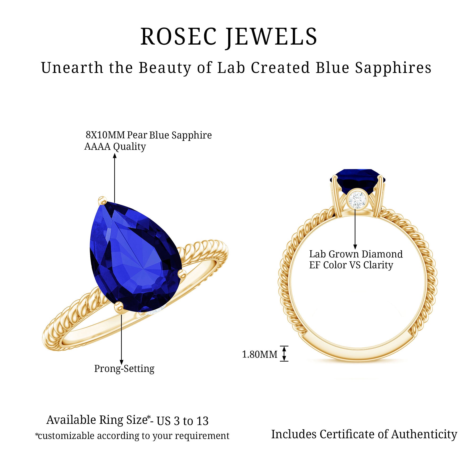 Certified 3 Carat Lab Grown Blue Sapphire Pear Shaped Engagement Ring AAAA - Rosec Jewels
