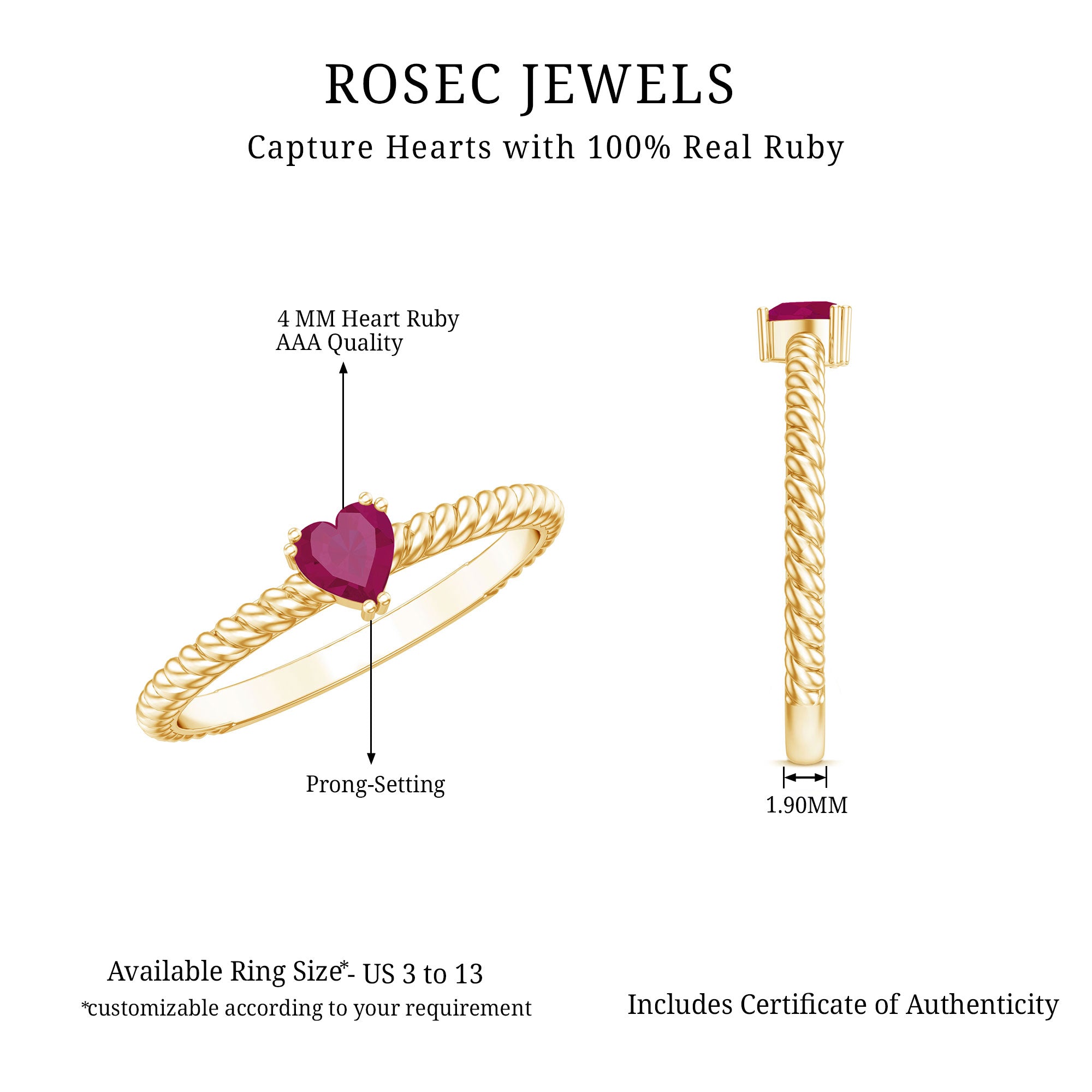 Real Half Carat Ruby Heart Promise Ring with Twisted Rope AAA - Rosec Jewels