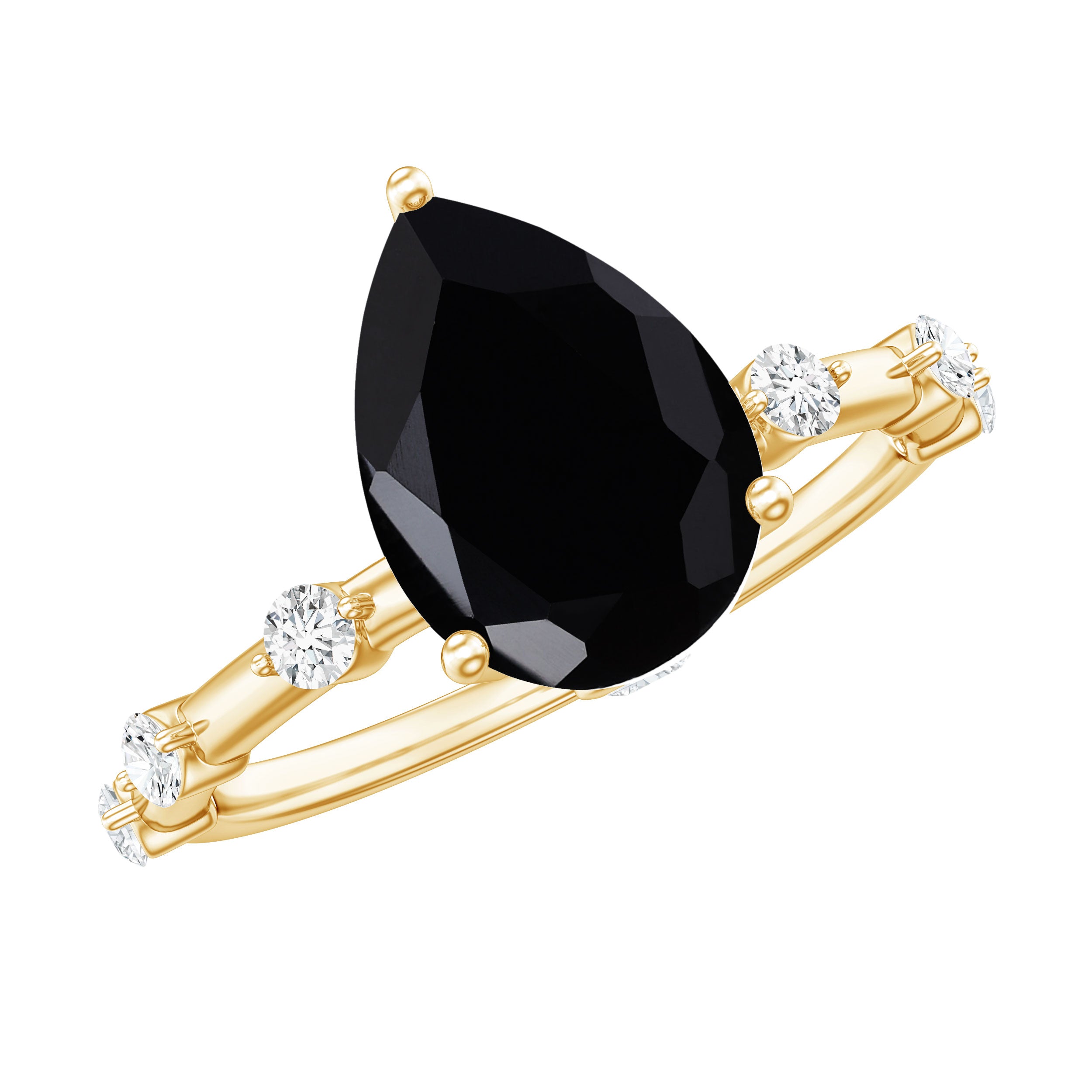 Pear Shape Black Onyx Solitaire Engagement Ring with Diamond AAA - Rosec Jewels