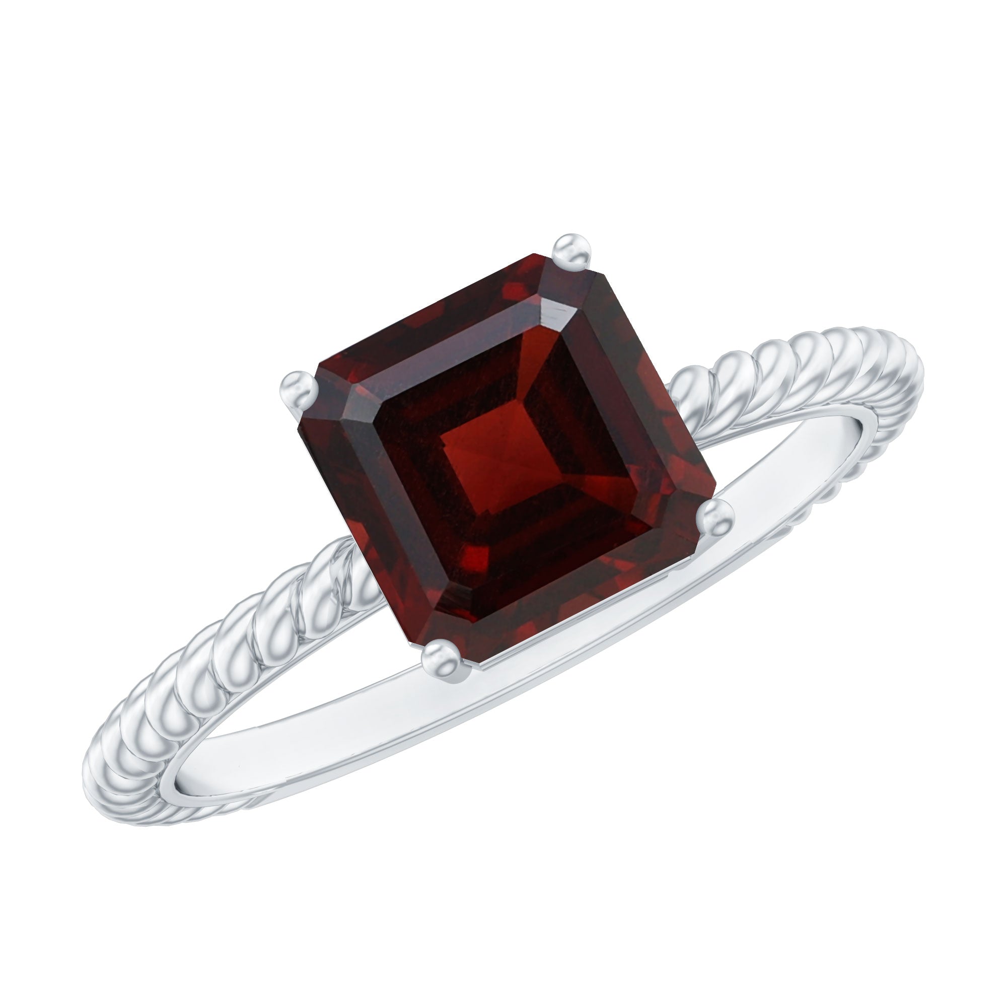 Natural 8mm Garnet Asscher Cut Engagement Ring with Twisted Rope