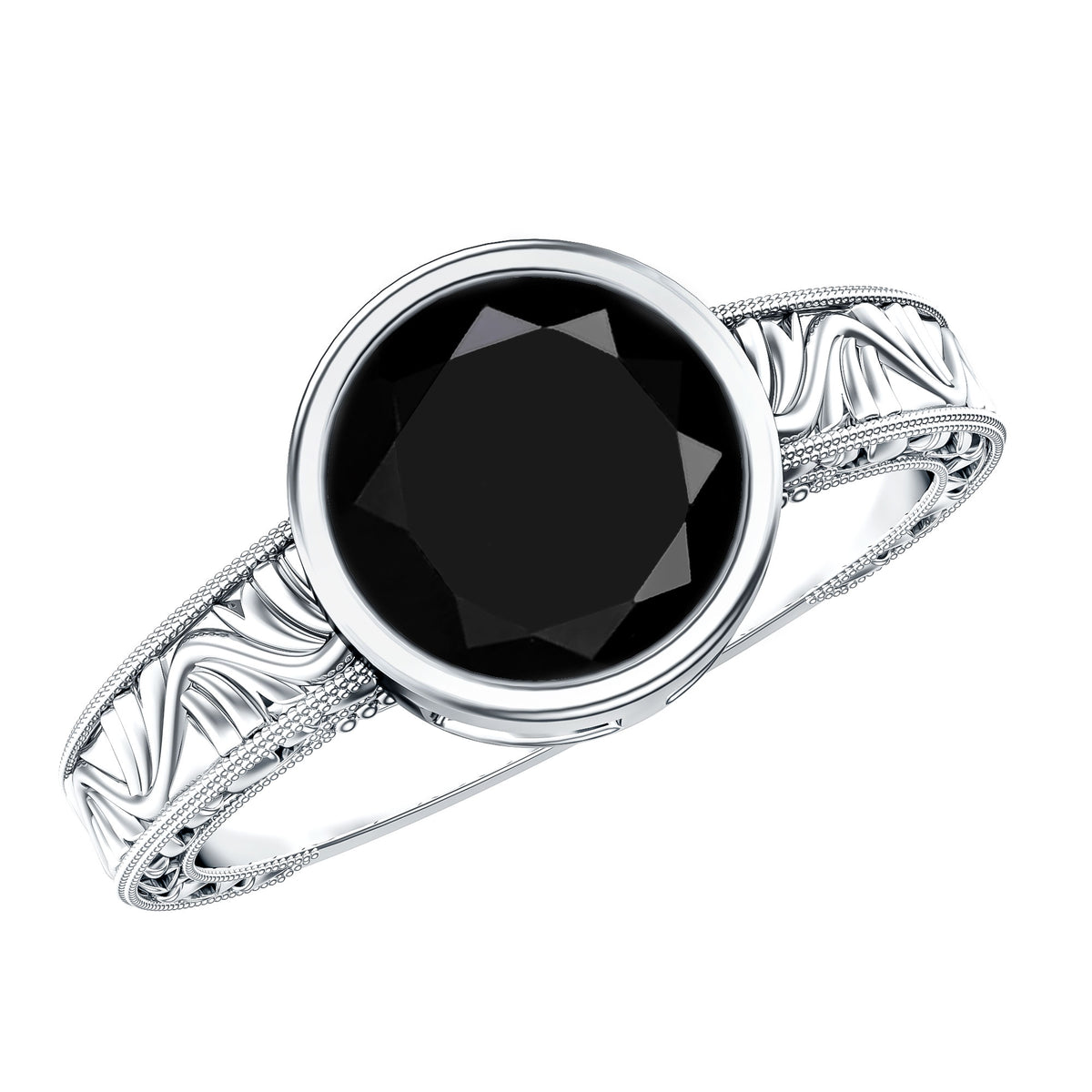 Vintage Style 2 Carat Lab Grown Black Diamond Bezel Set Engagement Ring AAAA ( Synthetic ) - Rosec Jewels