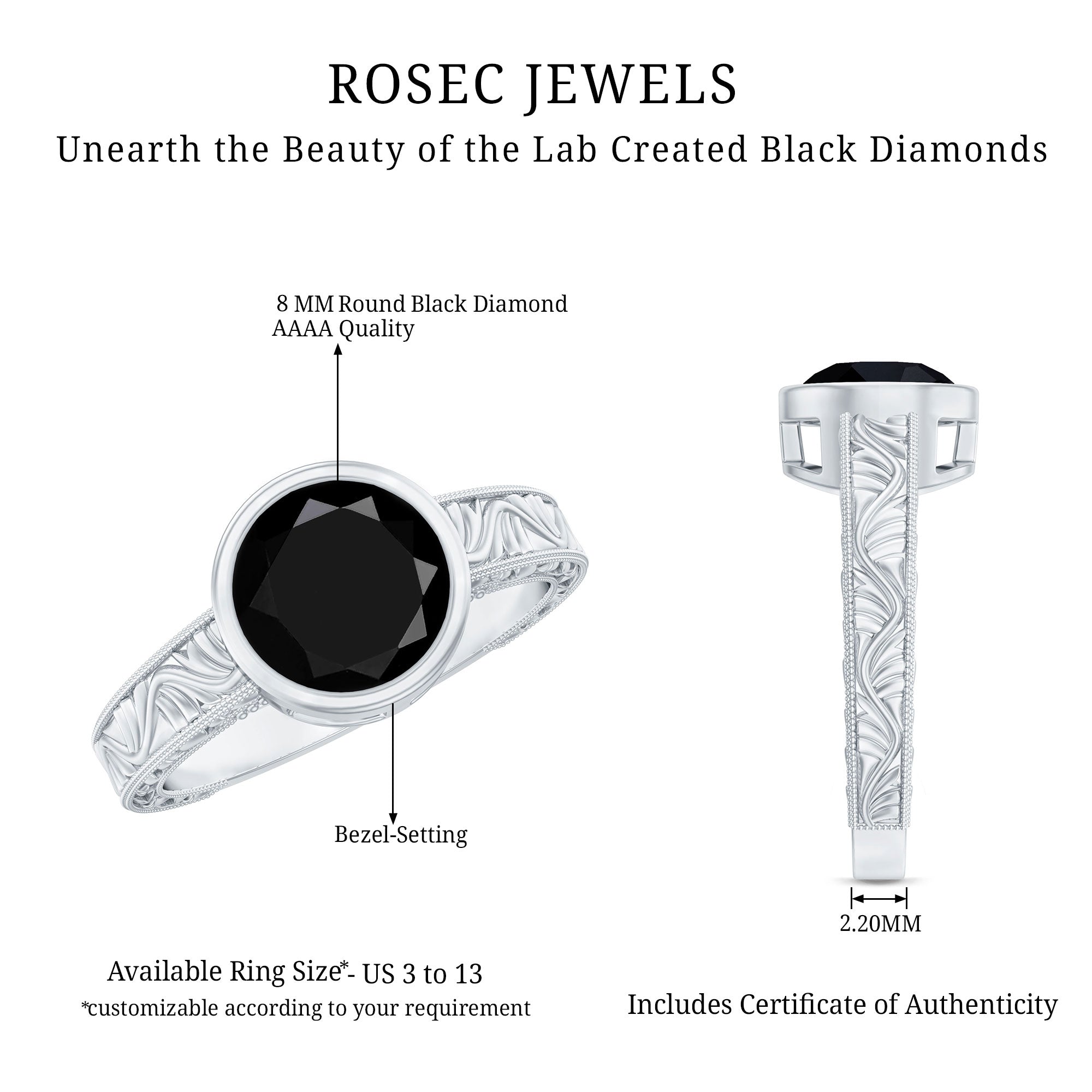 Vintage Style 2 Carat Lab Grown Black Diamond Bezel Set Engagement Ring AAAA ( Synthetic ) - Rosec Jewels