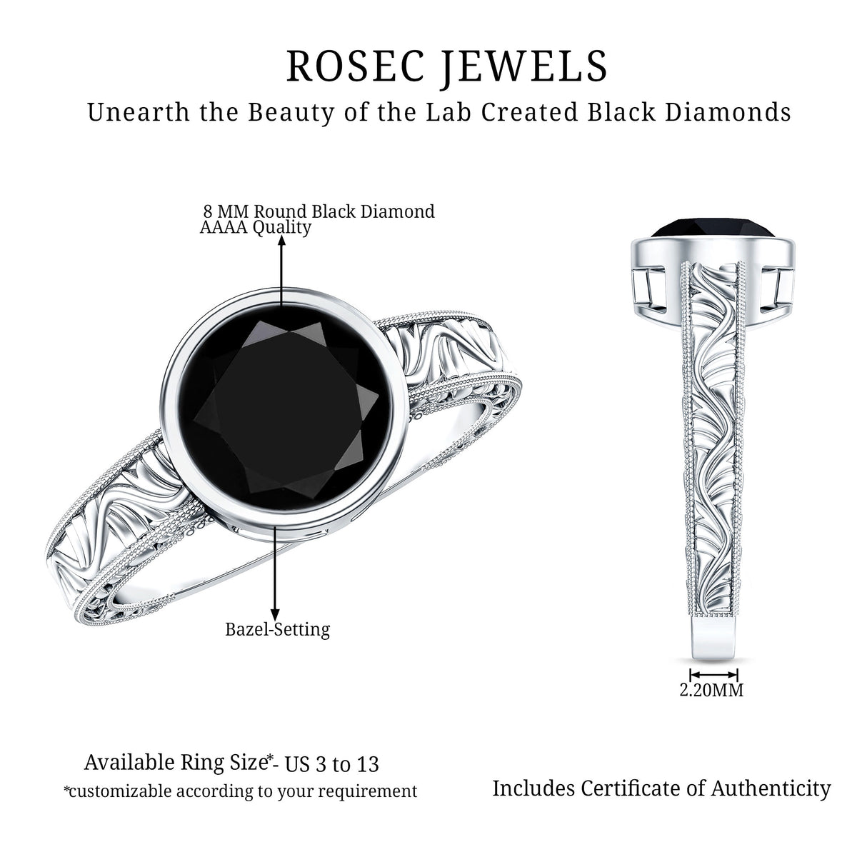 Vintage Style 2 Carat Lab Grown Black Diamond Bezel Set Engagement Ring AAAA ( Synthetic ) - Rosec Jewels