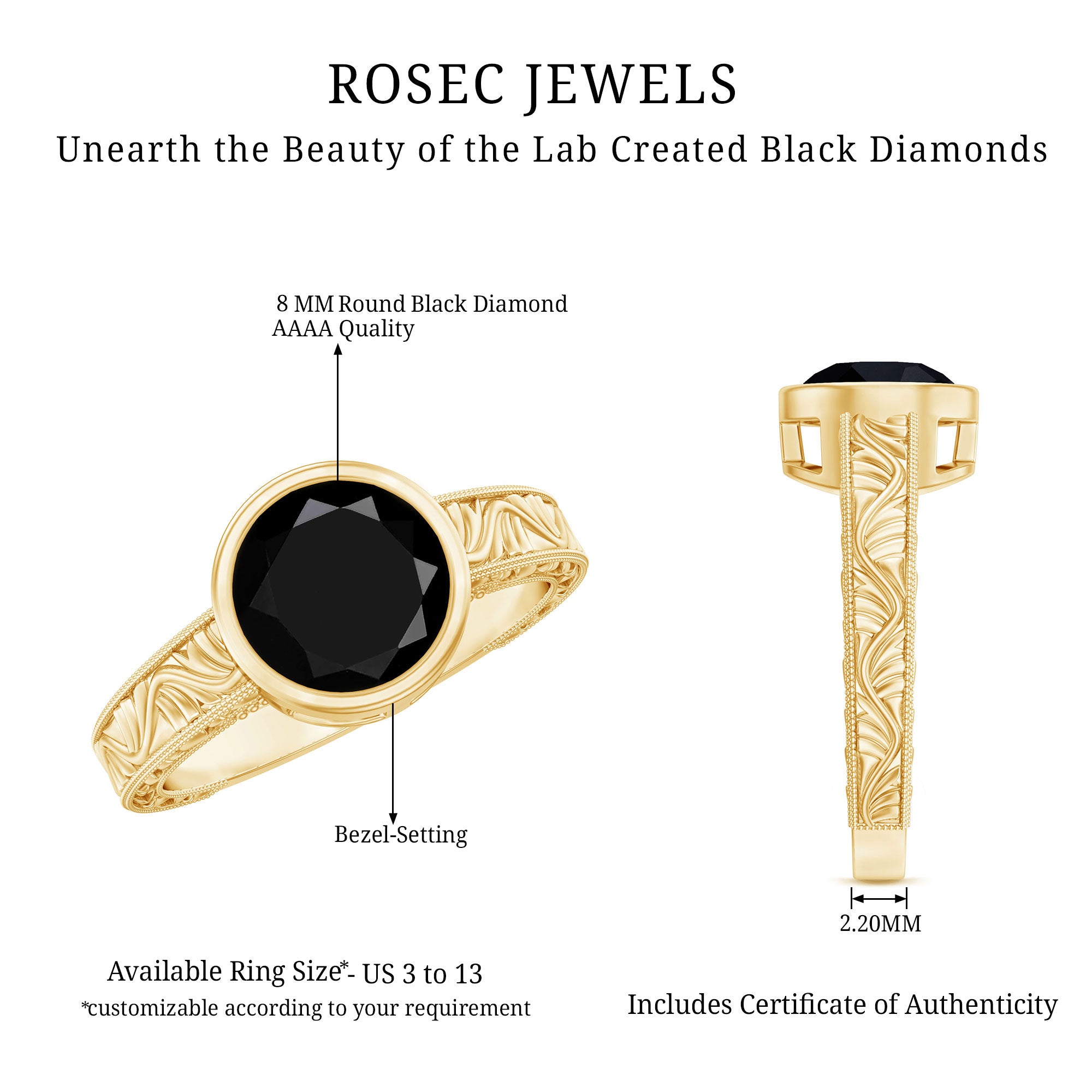 Vintage Style 2 Carat Lab Grown Black Diamond Bezel Set Engagement Ring AAAA ( Synthetic ) - Rosec Jewels