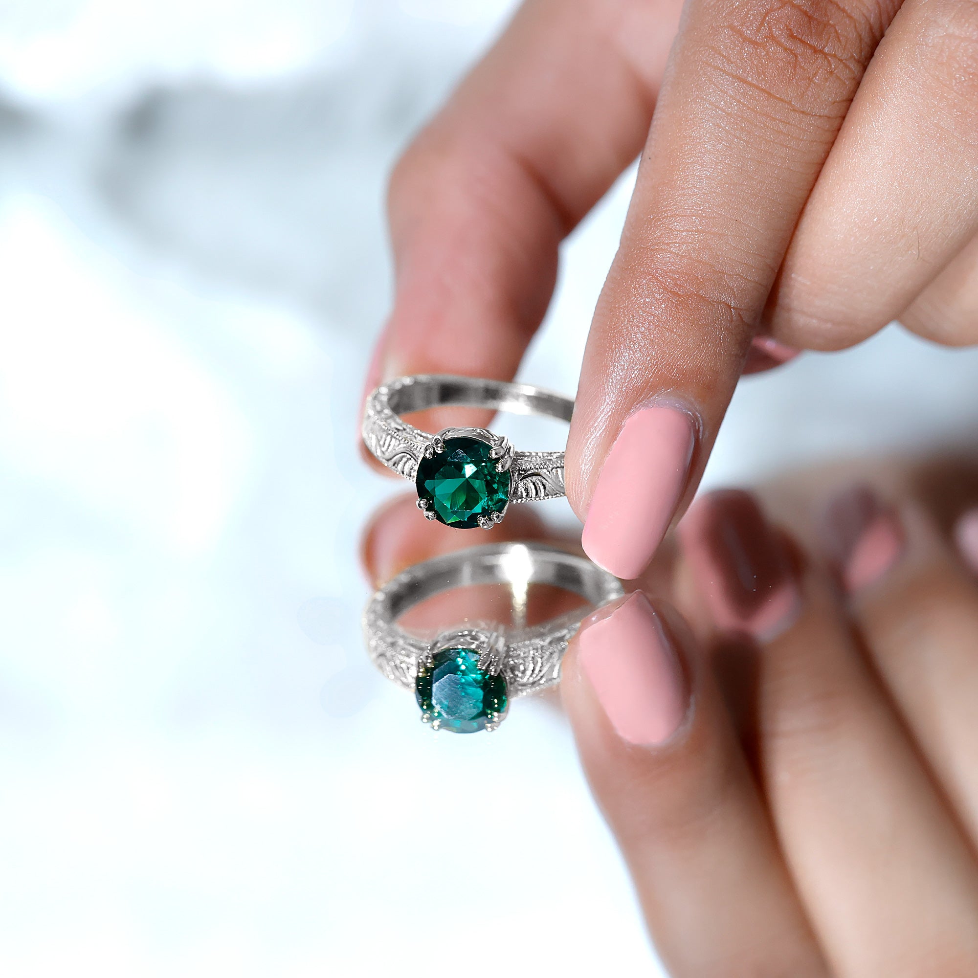 Rosec Jewels-Lab Emerald Solitaire Vintage Engagement Ring