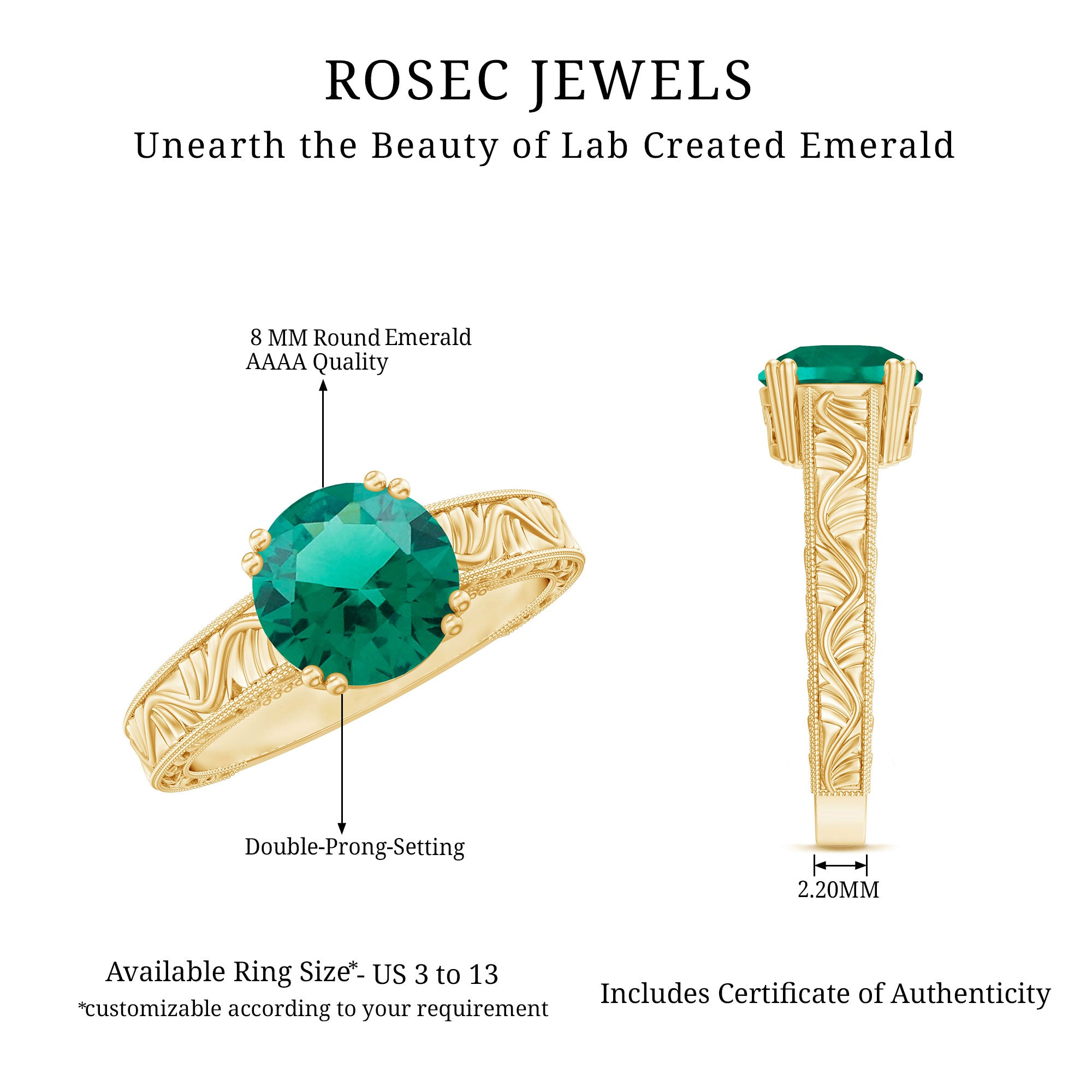 Rosec Jewels-Lab Emerald Solitaire Vintage Engagement Ring
