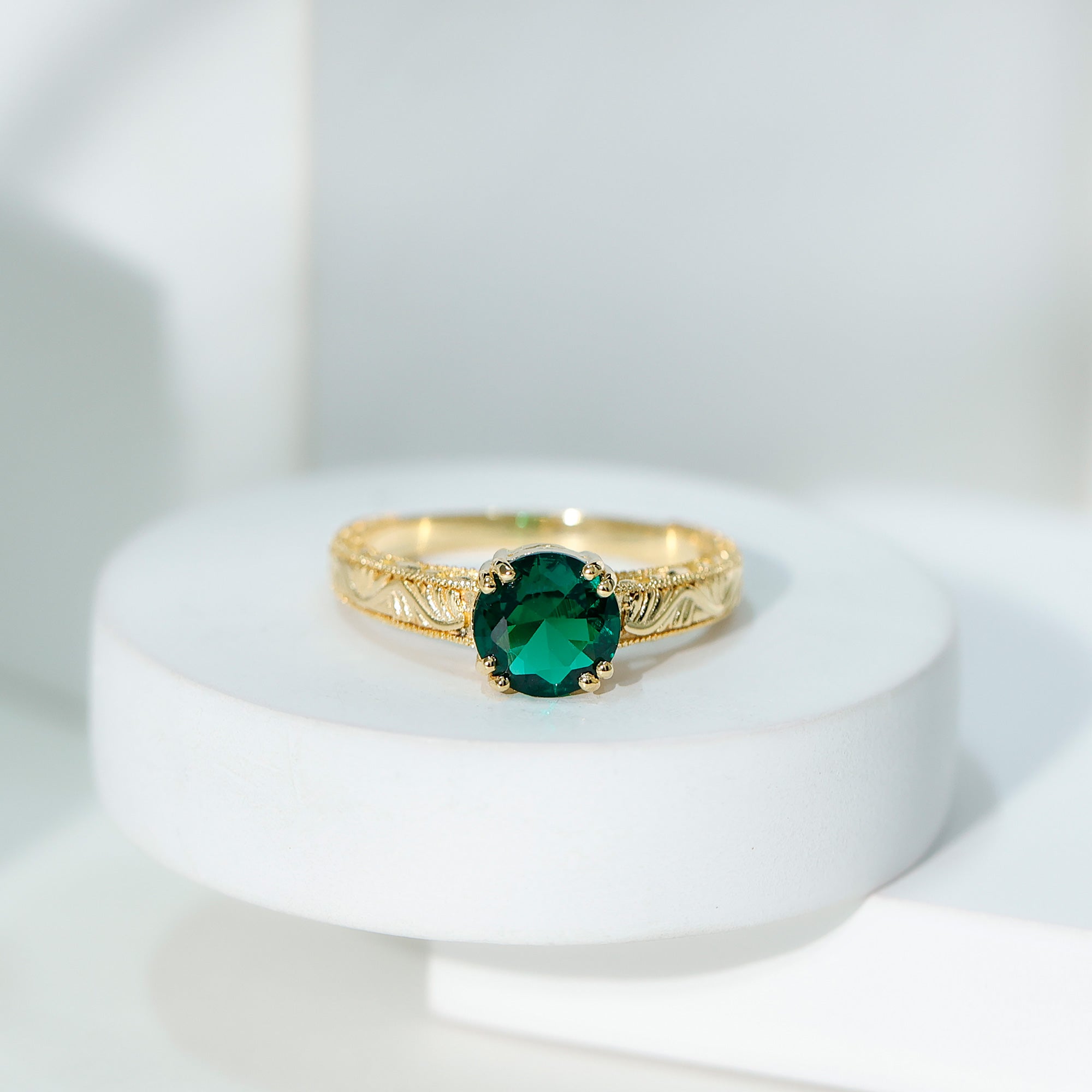 Rosec Jewels-Lab Emerald Solitaire Vintage Engagement Ring
