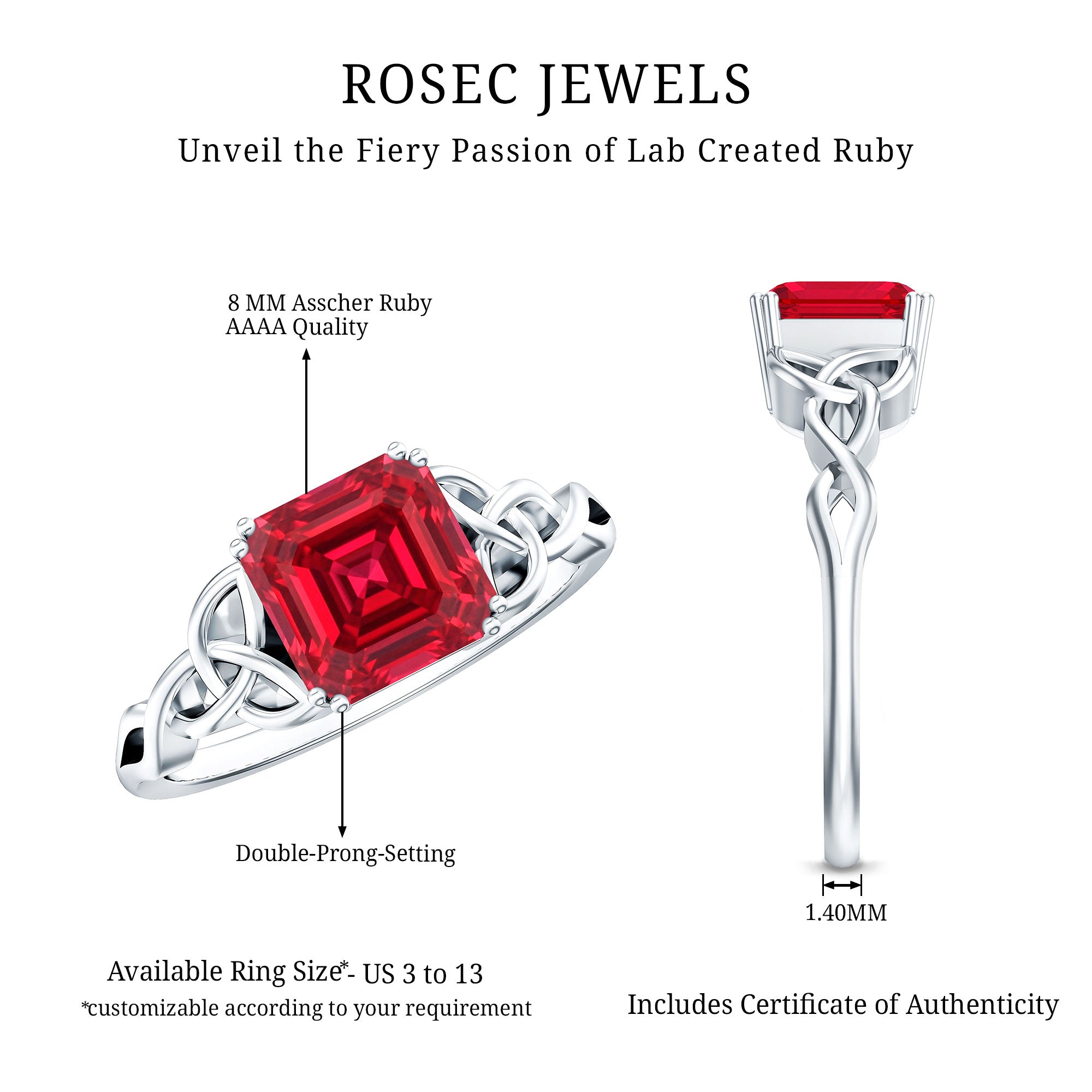 Certified 4.8 Carat Lab Grown Ruby Asscher Cut Engagement Ring with Celtic Knot AAAA - Rosec Jewels