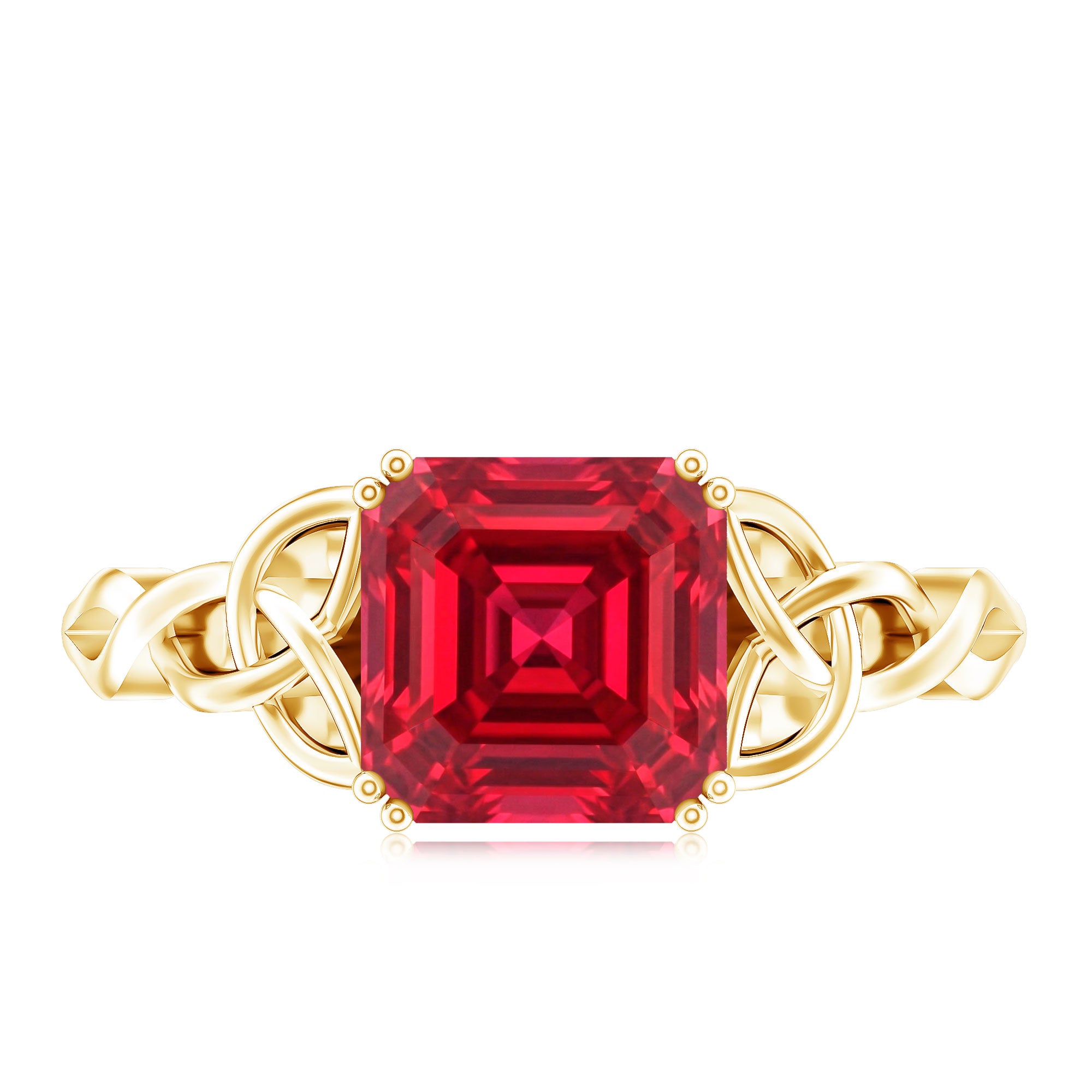 Certified 4.8 Carat Lab Grown Ruby Asscher Cut Engagement Ring with Celtic Knot AAAA - Rosec Jewels