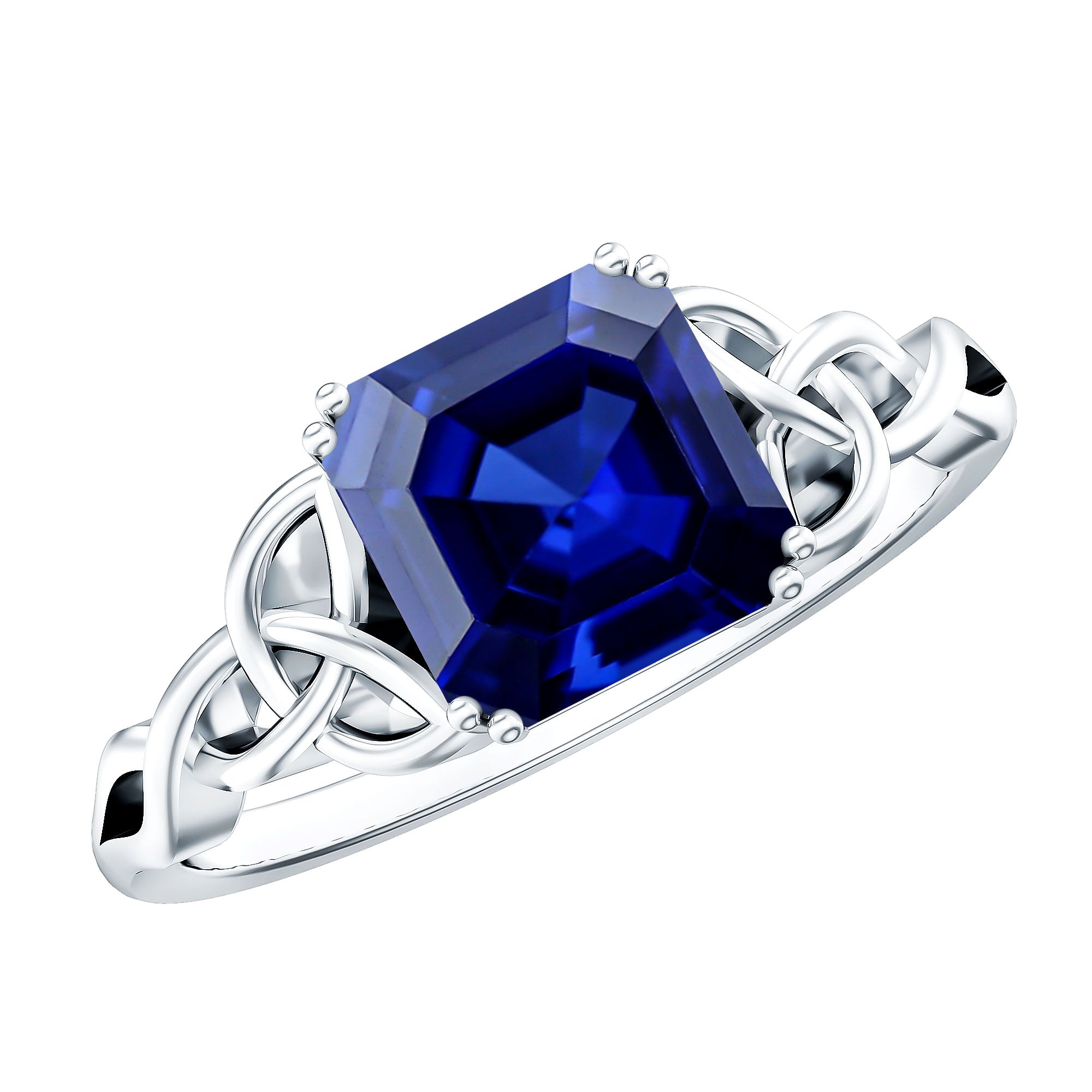 Certified 4.8 Carat Asscher Cut Lab Created Blue Sapphire Celtic Knot Engagement Ring AAAA - Rosec Jewels