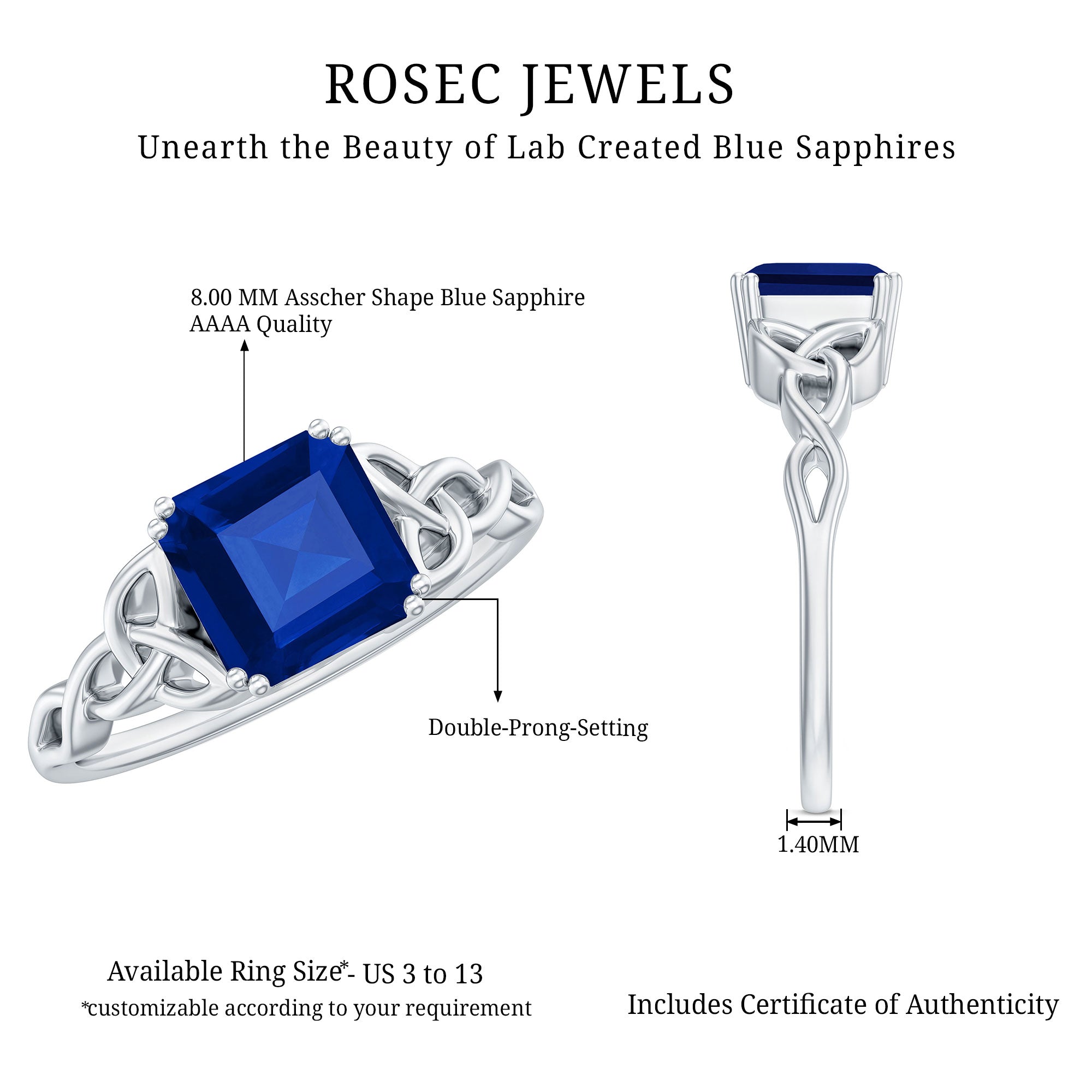 Certified 4 Carat Asscher Cut Lab Created Blue Sapphire Celtic Knot Engagement Ring AAAA - Rosec Jewels