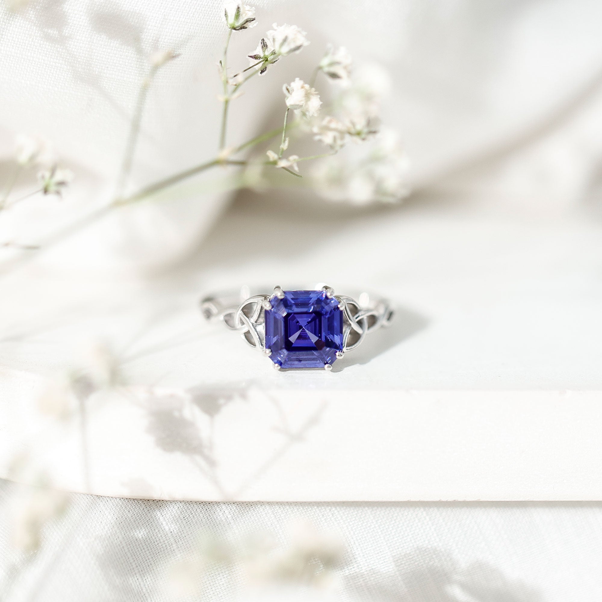 Certified 4.8 Carat Asscher Cut Lab Created Blue Sapphire Celtic Knot Engagement Ring AAAA - Rosec Jewels