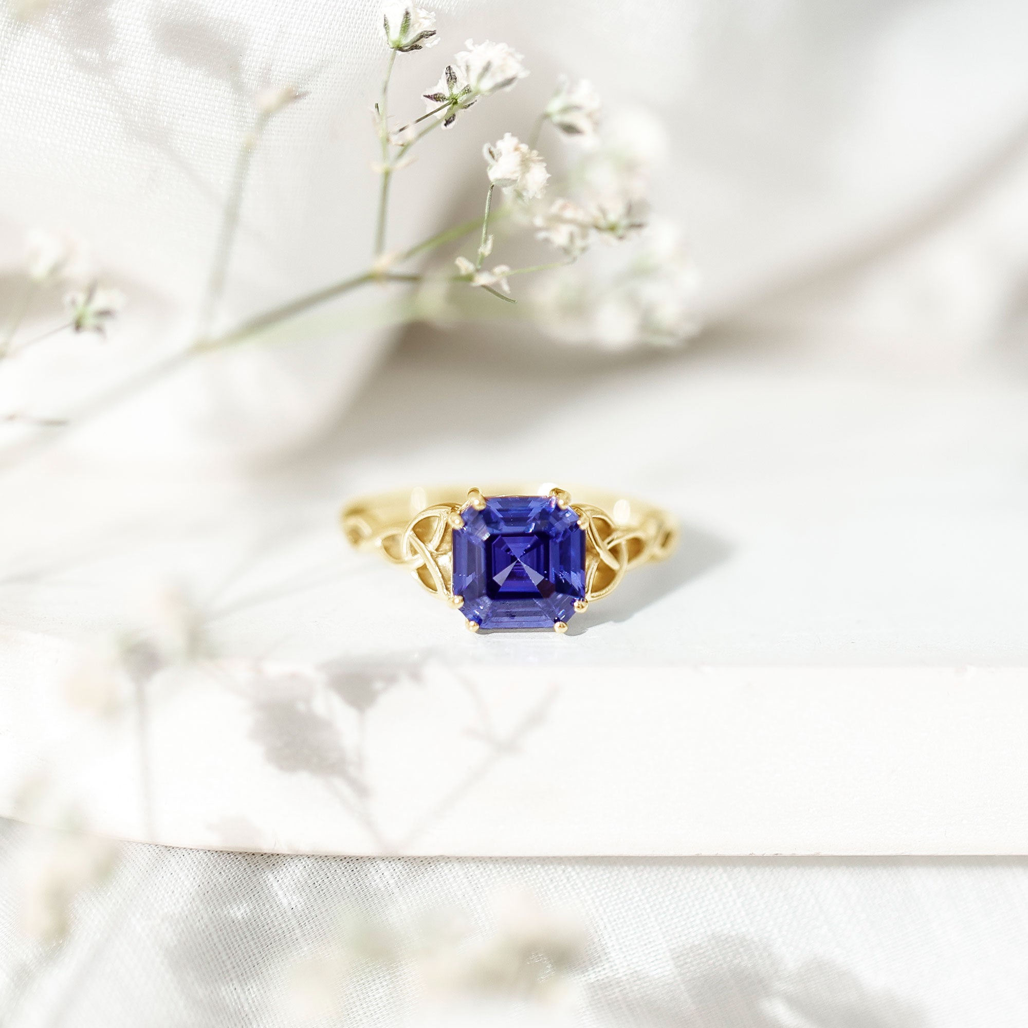 Certified 4.8 Carat Asscher Cut Lab Created Blue Sapphire Celtic Knot Engagement Ring AAAA - Rosec Jewels