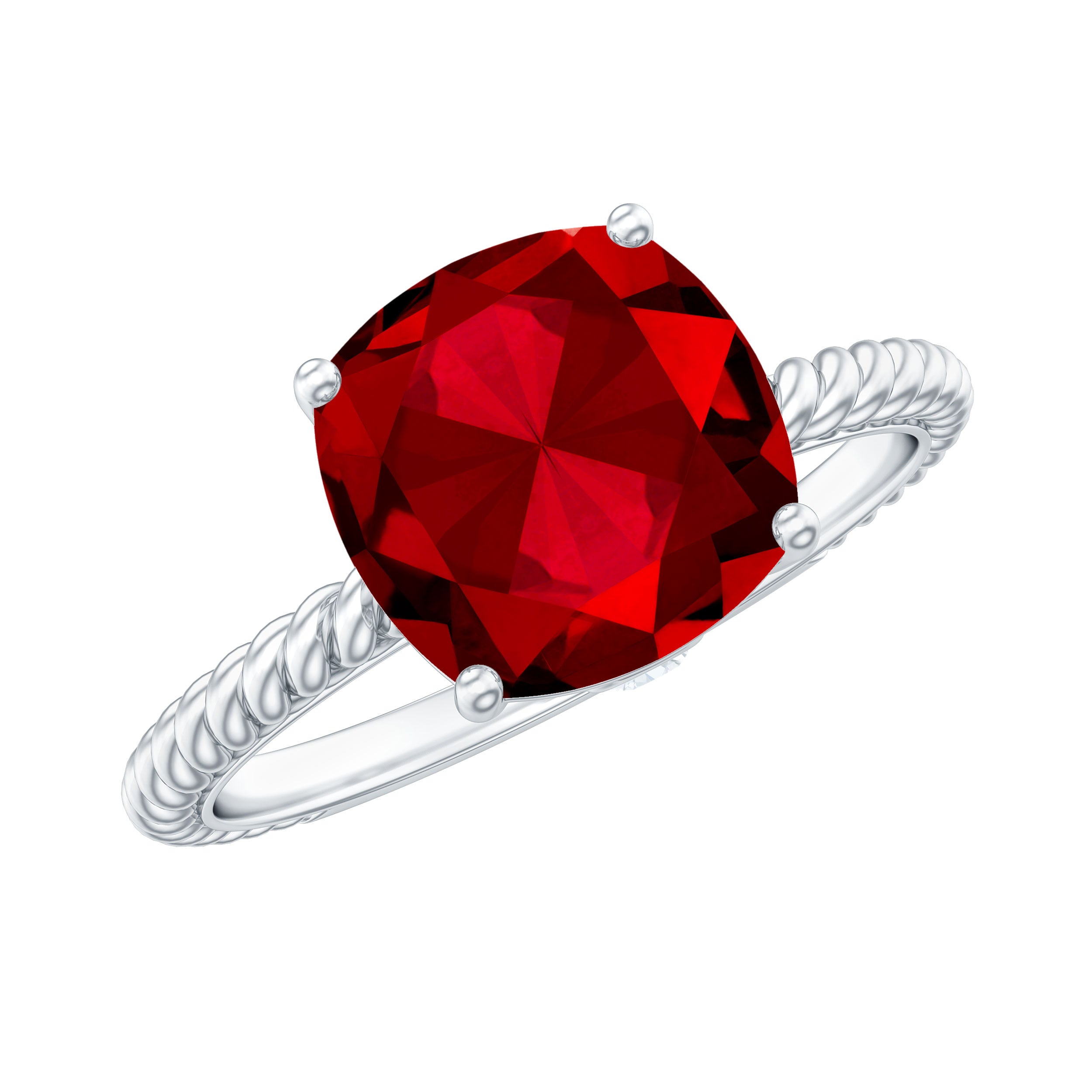Solitaire Created Ruby and Diamond Ring with Twisted Rope Detailing
