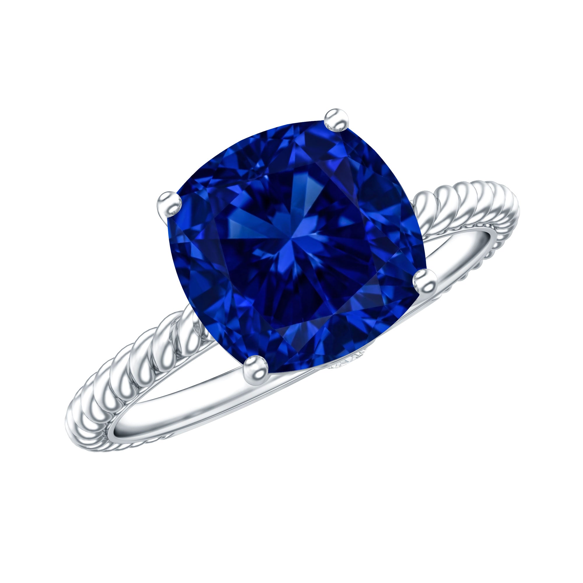 2.7 Carat Cushion Cut Lab Created Blue Sapphire Solitaire Engagement Ring AAAA - Rosec Jewels
