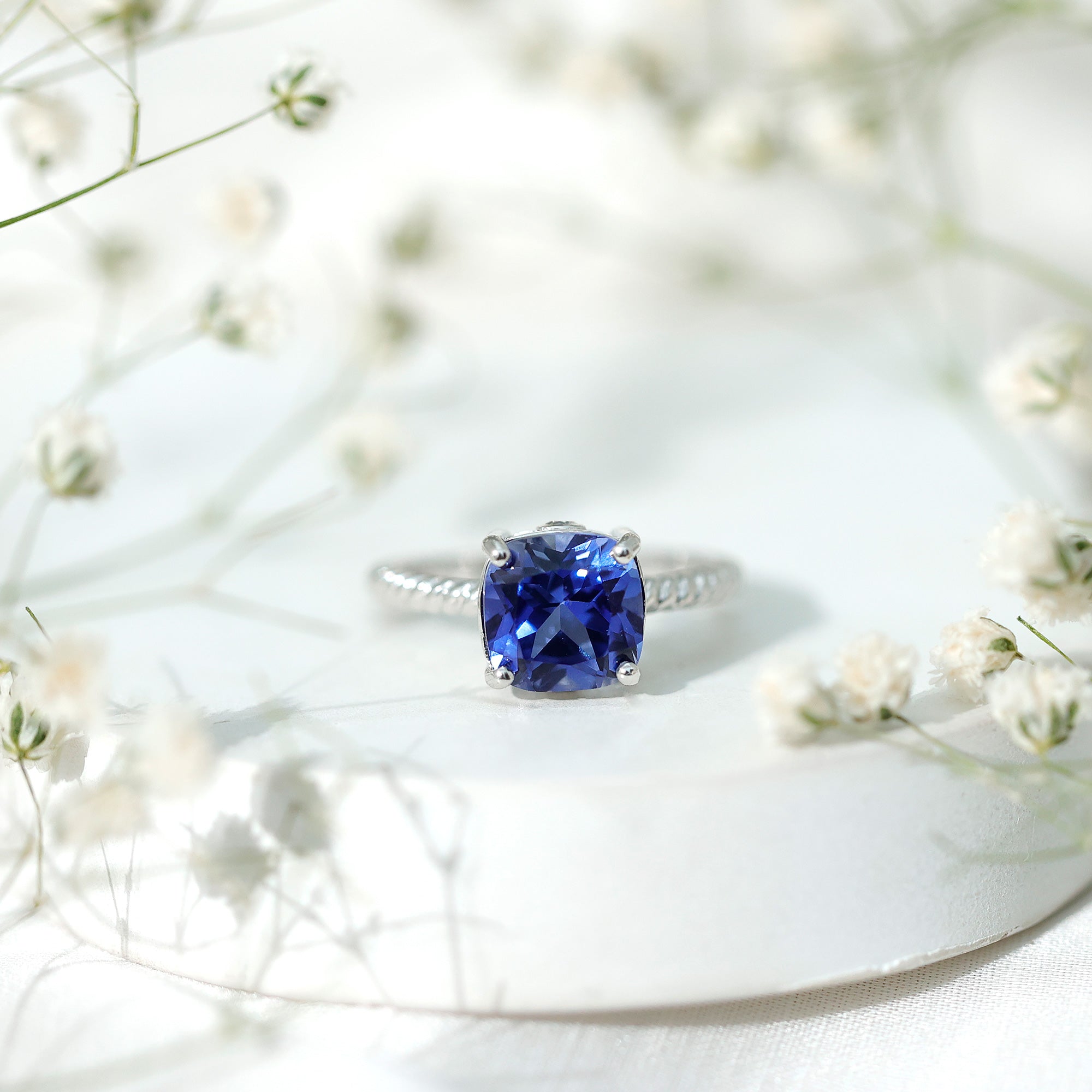 2.7 Carat Cushion Cut Lab Created Blue Sapphire Solitaire Engagement Ring AAAA - Rosec Jewels