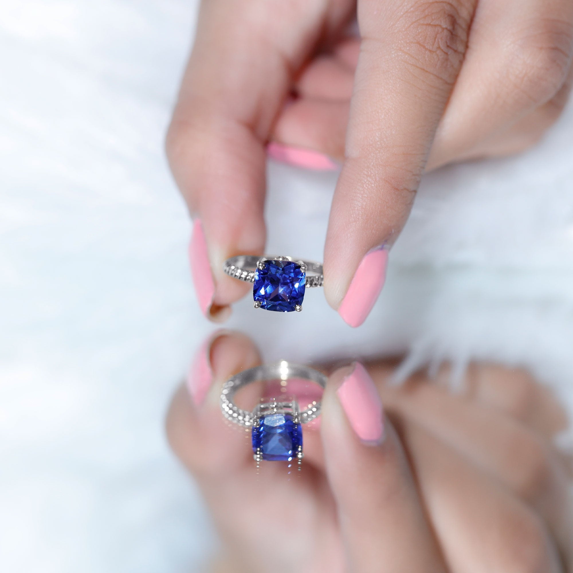 2.7 Carat Cushion Cut Lab Created Blue Sapphire Solitaire Engagement Ring AAAA - Rosec Jewels