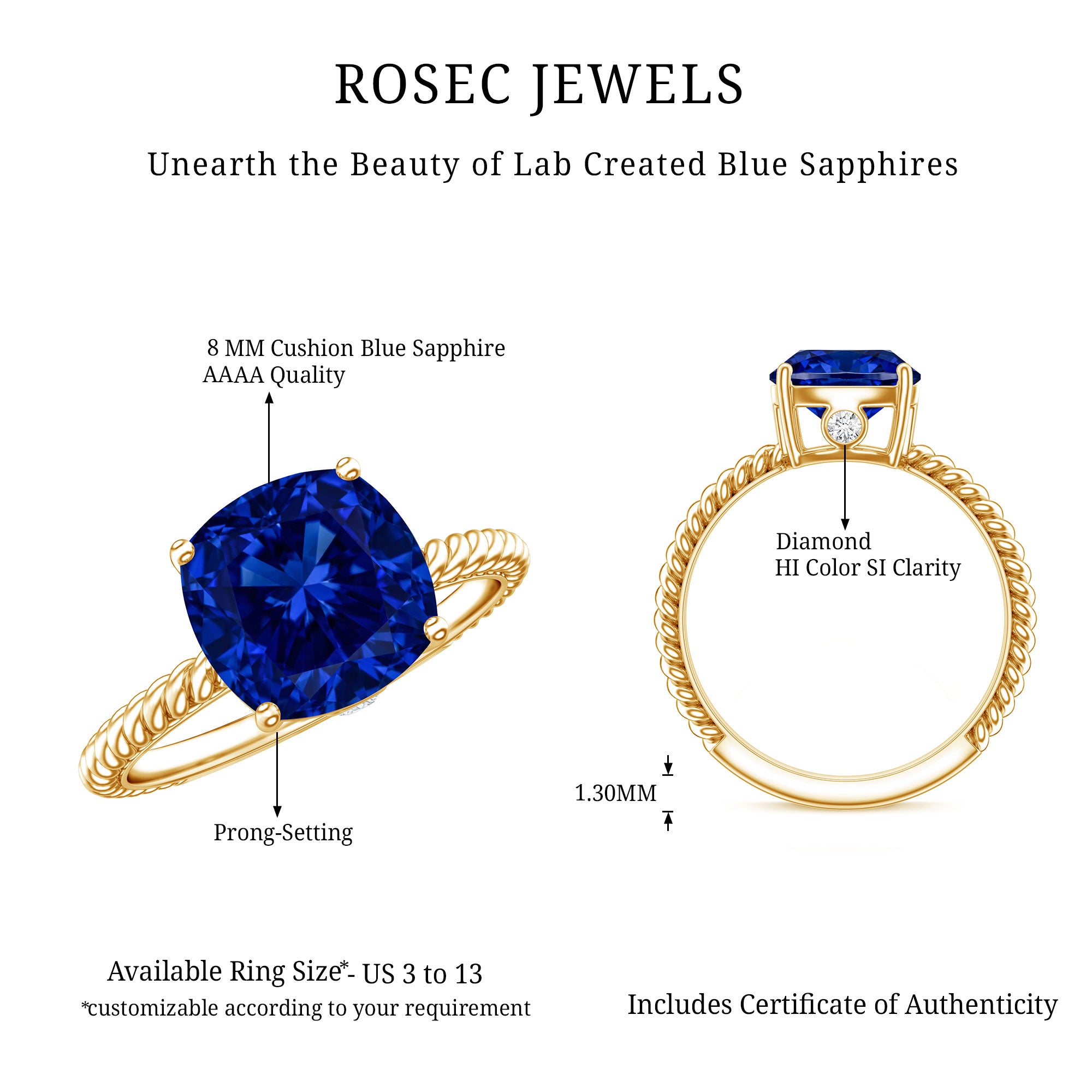 2.7 Carat Cushion Cut Lab Created Blue Sapphire Solitaire Engagement Ring AAAA - Rosec Jewels