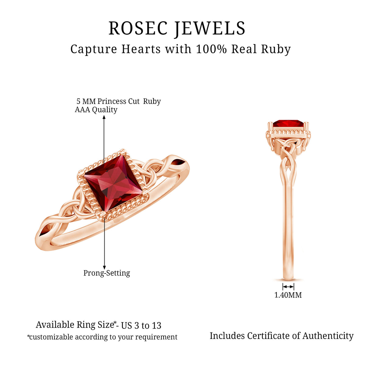 Natural 0.8 Carat Princess Cut Ruby Promise Ring with Celtic Knot AAA - Rosec Jewels