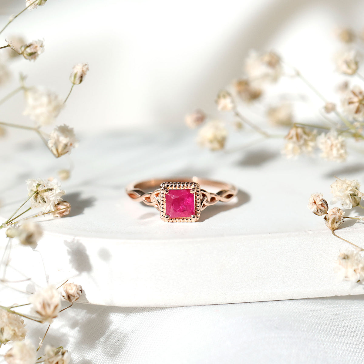 Natural 0.8 Carat Princess Cut Ruby Promise Ring with Celtic Knot AAA - Rosec Jewels