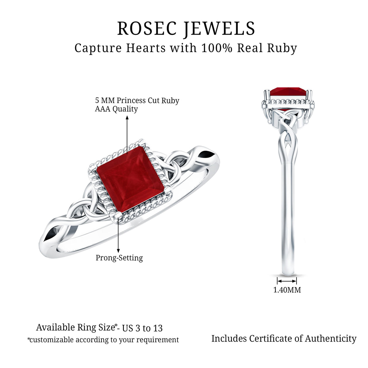 Natural 0.8 Carat Princess Cut Ruby Promise Ring with Celtic Knot AAA - Rosec Jewels