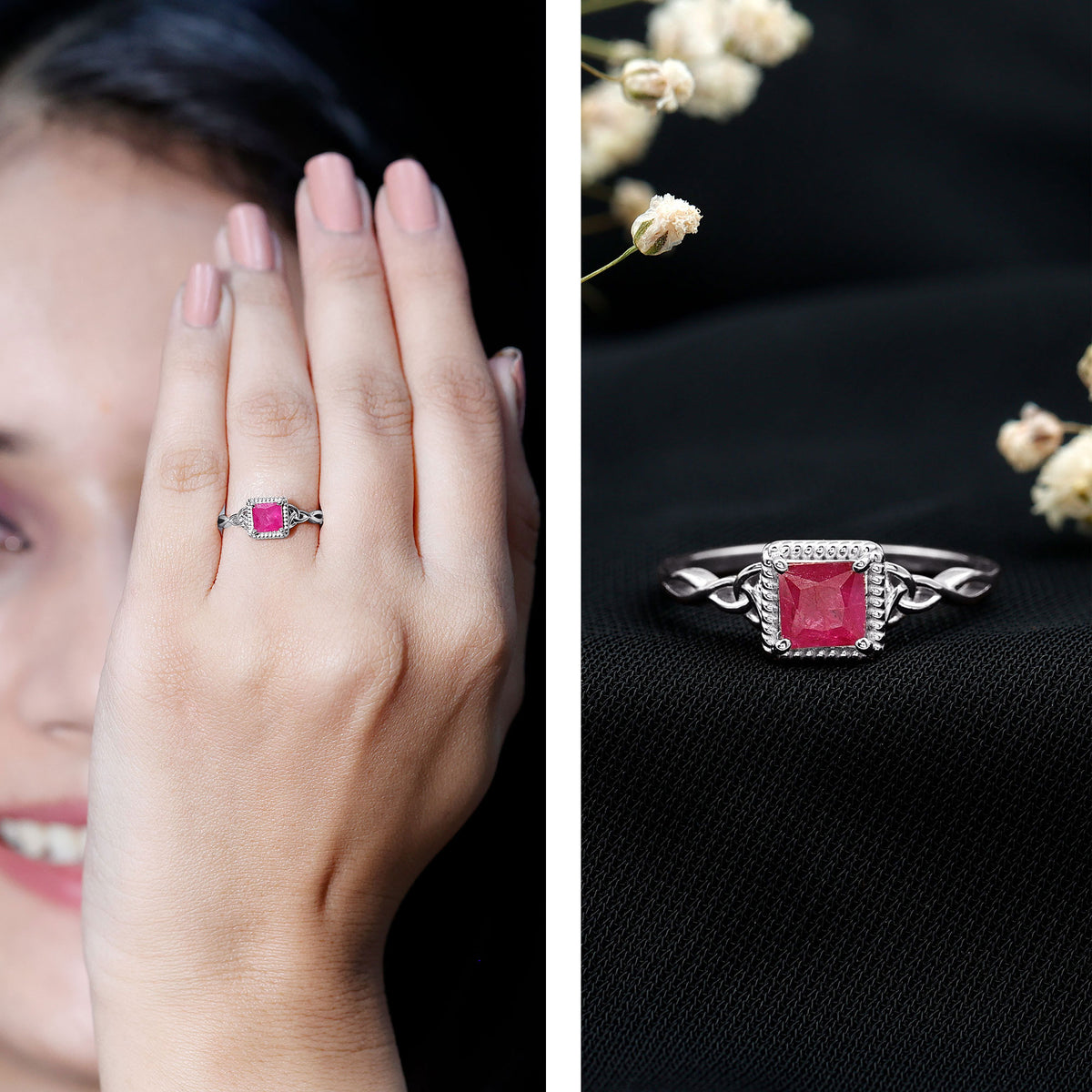 Natural 0.8 Carat Princess Cut Ruby Promise Ring with Celtic Knot AAA - Rosec Jewels