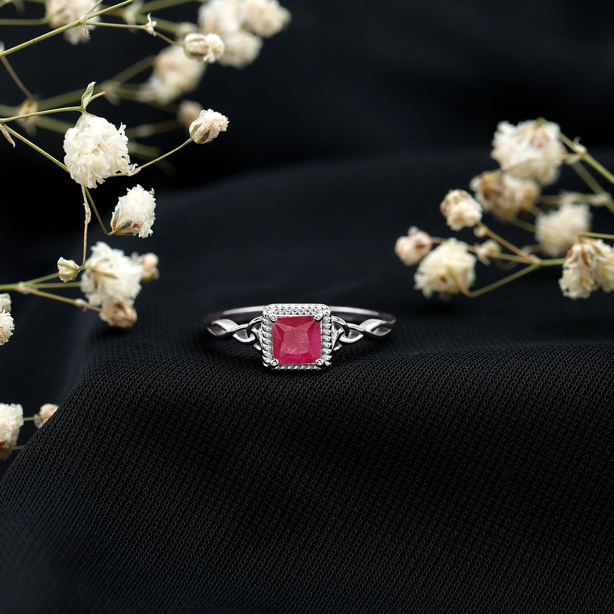 Natural 0.8 Carat Princess Cut Ruby Promise Ring with Celtic Knot AAA - Rosec Jewels