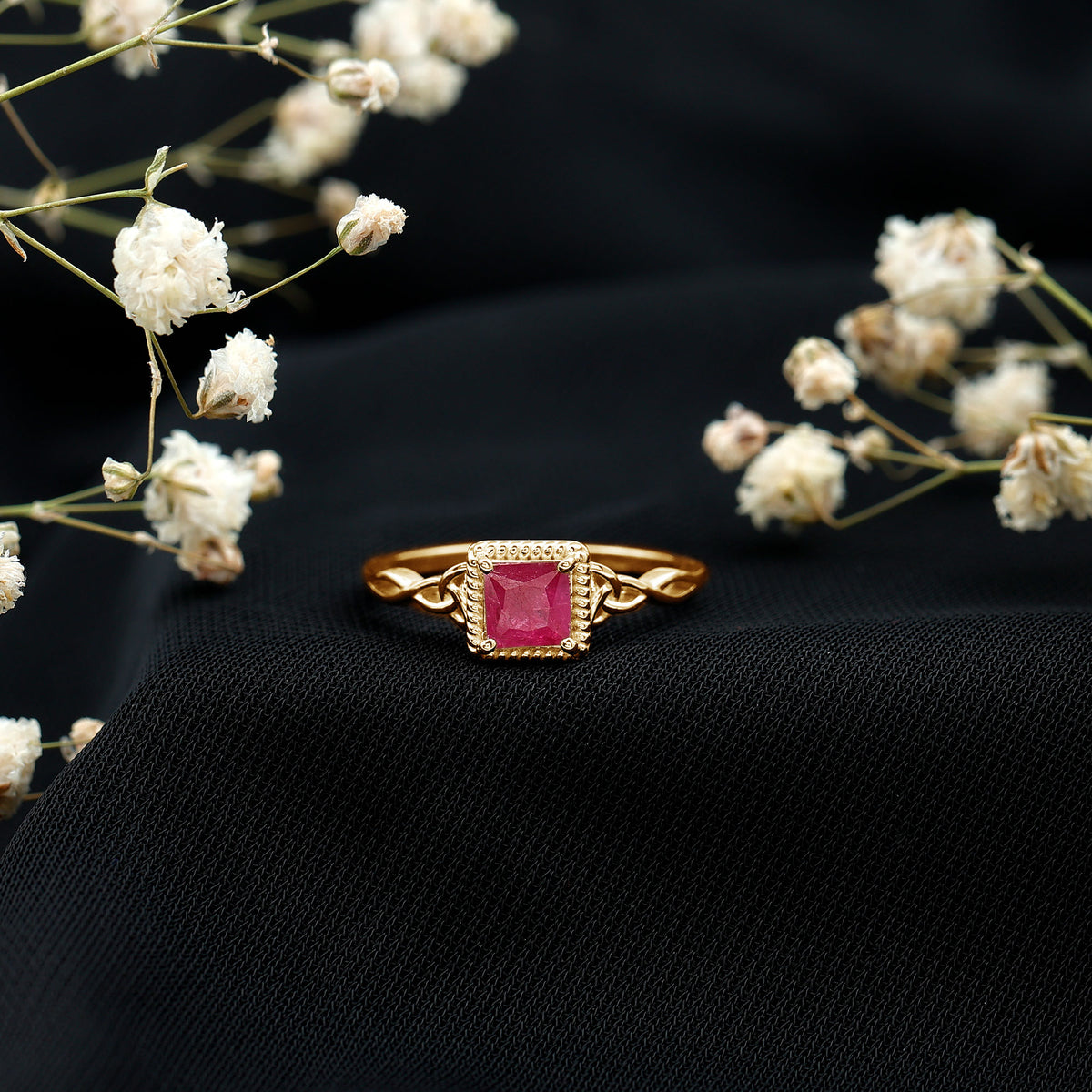 Natural 0.8 Carat Princess Cut Ruby Promise Ring with Celtic Knot AAA - Rosec Jewels