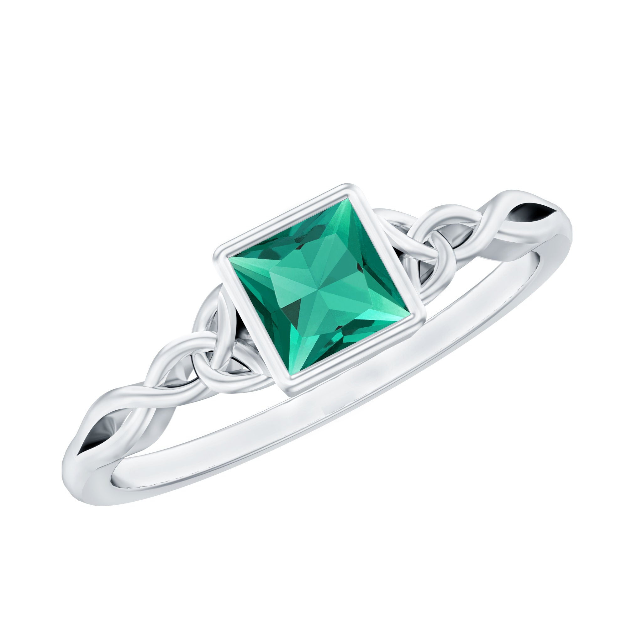 Princess Cut Lab Grown Emerald Solitaire Celtic Ring in Bezel Setting