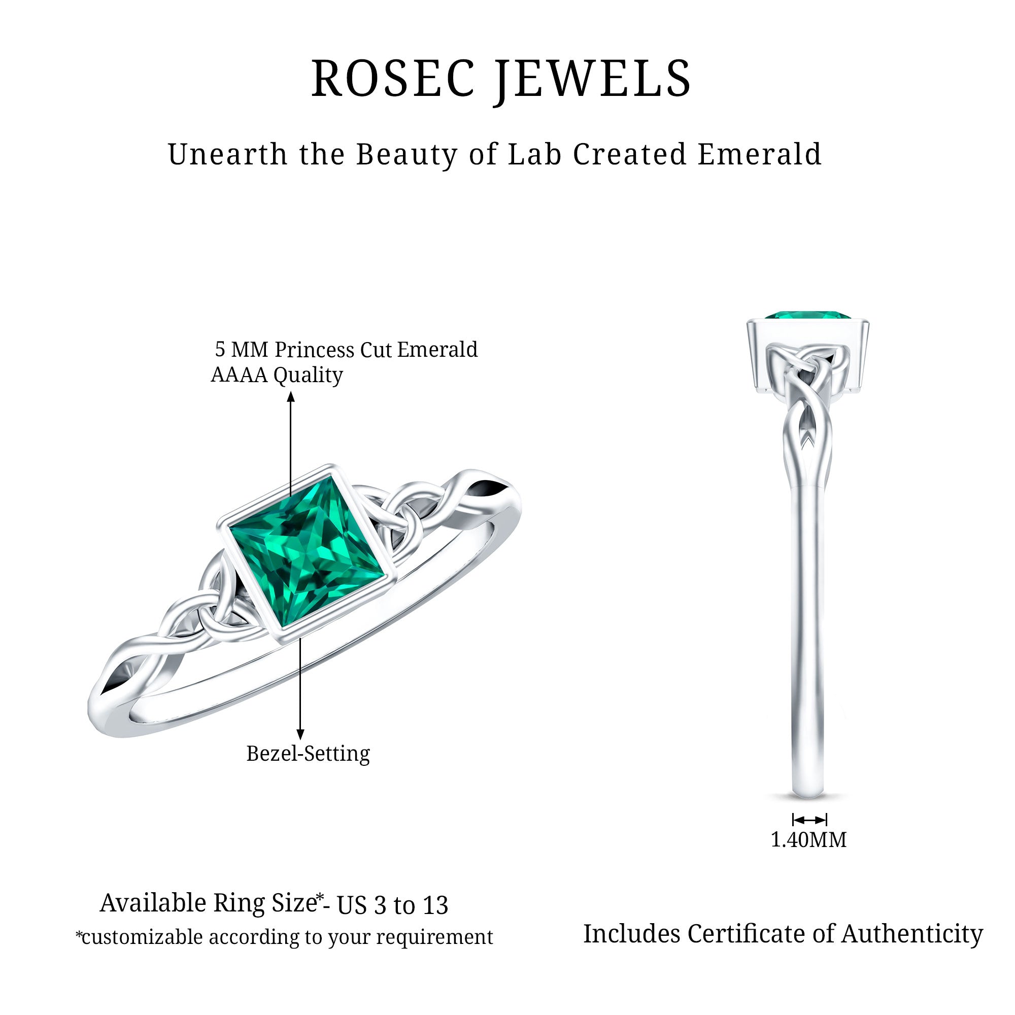 Certified Princess Cut Lab Grown Emerald Celtic Promise Ring AAAA - Rosec Jewels