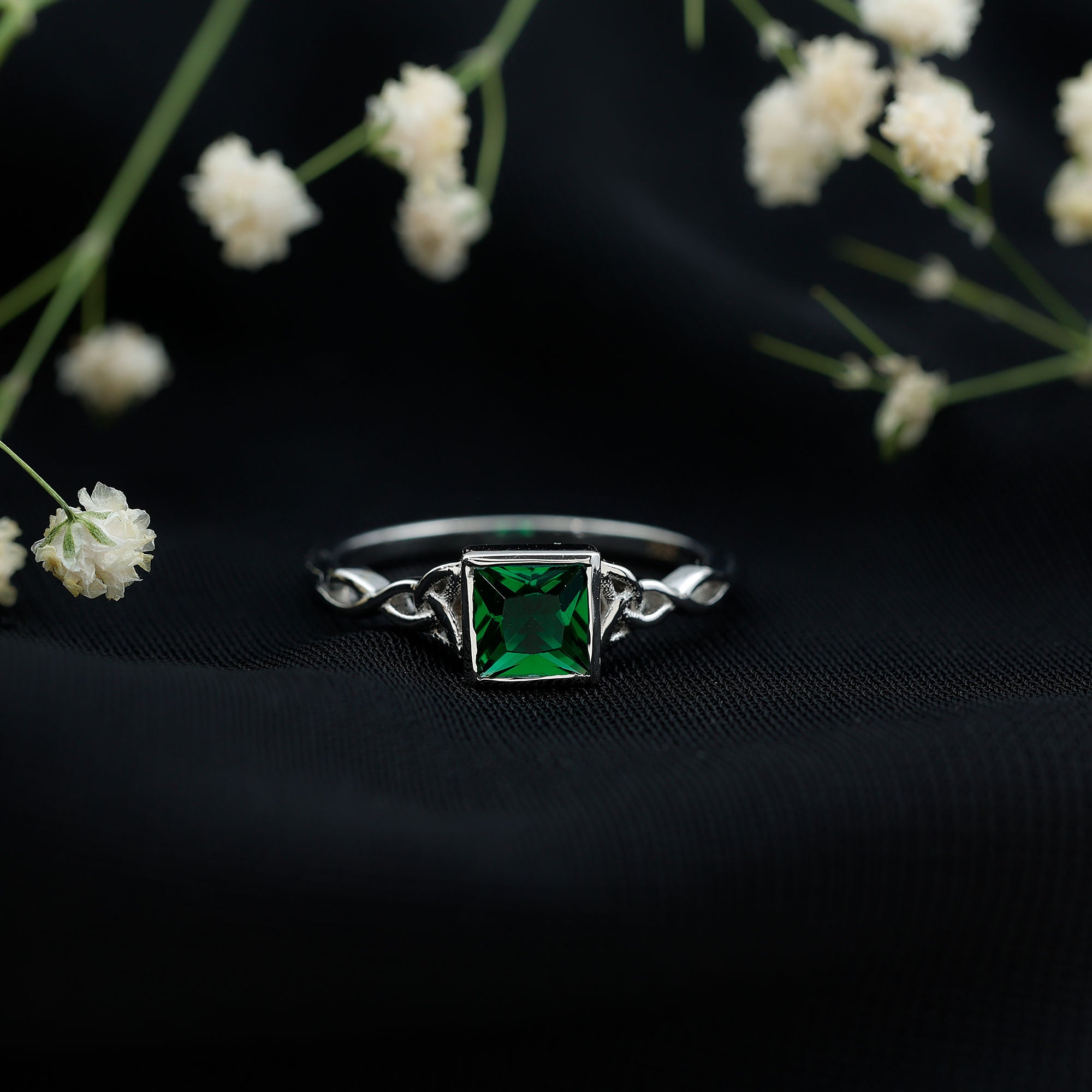 Certified Princess Cut Lab Grown Emerald Celtic Promise Ring AAAA - Rosec Jewels