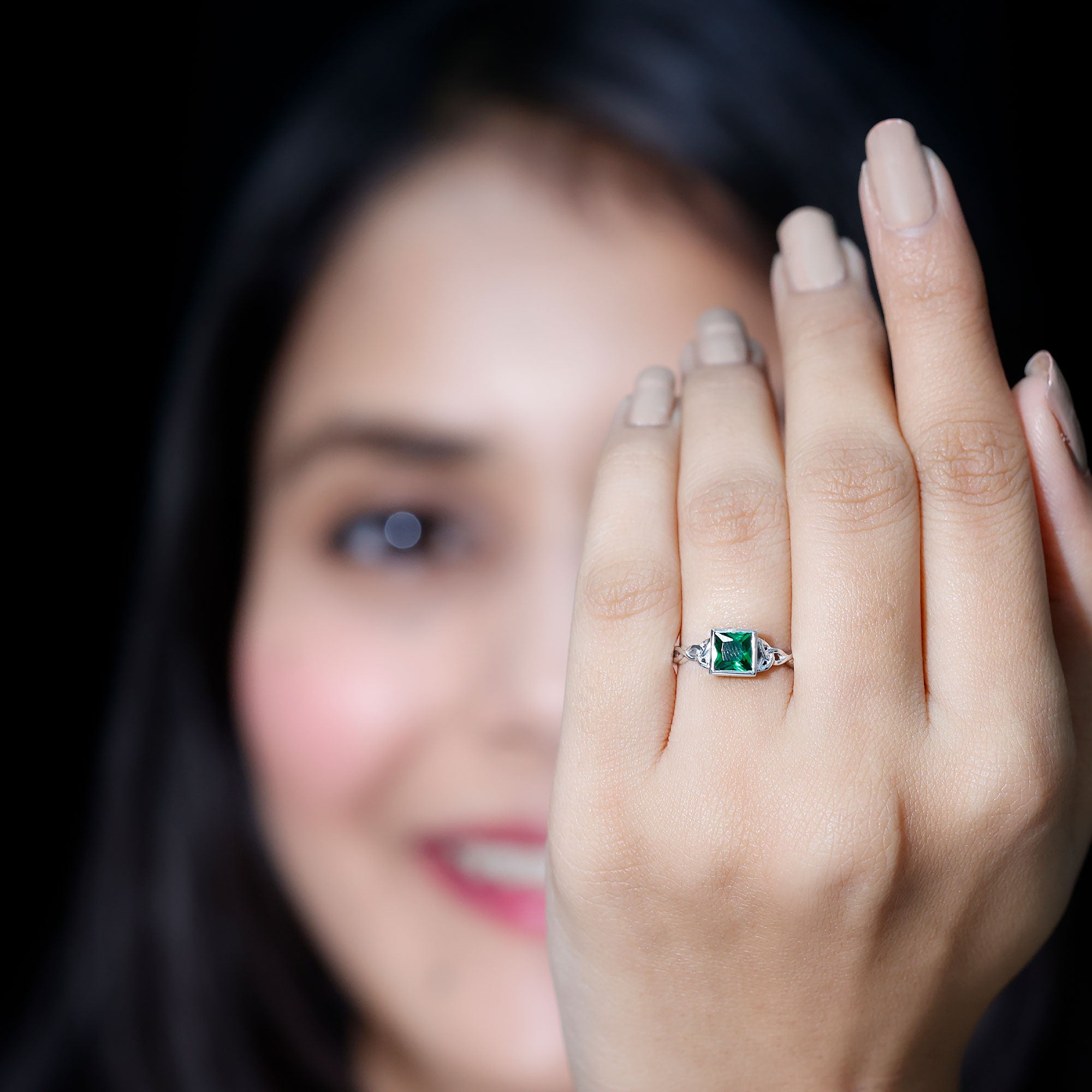 Certified Princess Cut Lab Grown Emerald Celtic Promise Ring AAAA - Rosec Jewels