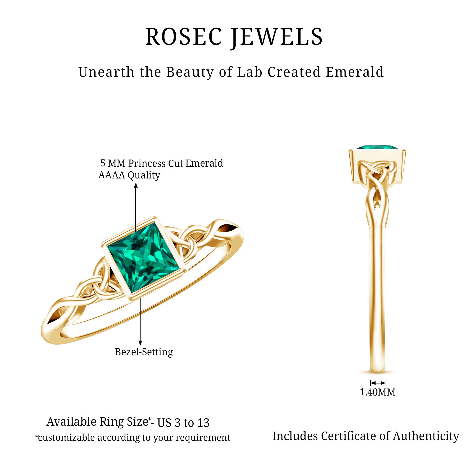 Certified Princess Cut Lab Grown Emerald Celtic Promise Ring AAAA - Rosec Jewels