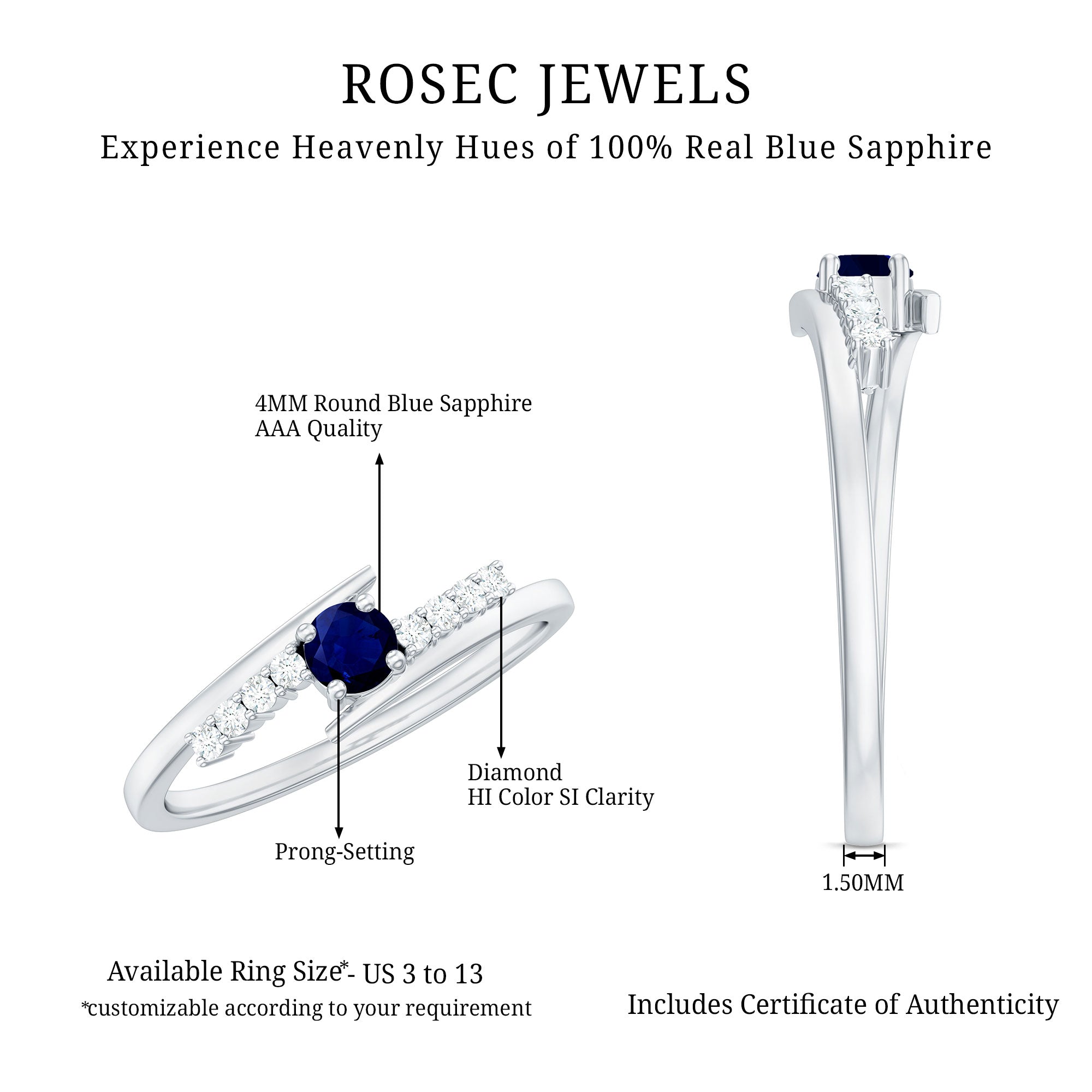 Real Blue Sapphire Promise Ring with Diamond Bypass Shank AAA - Rosec Jewels