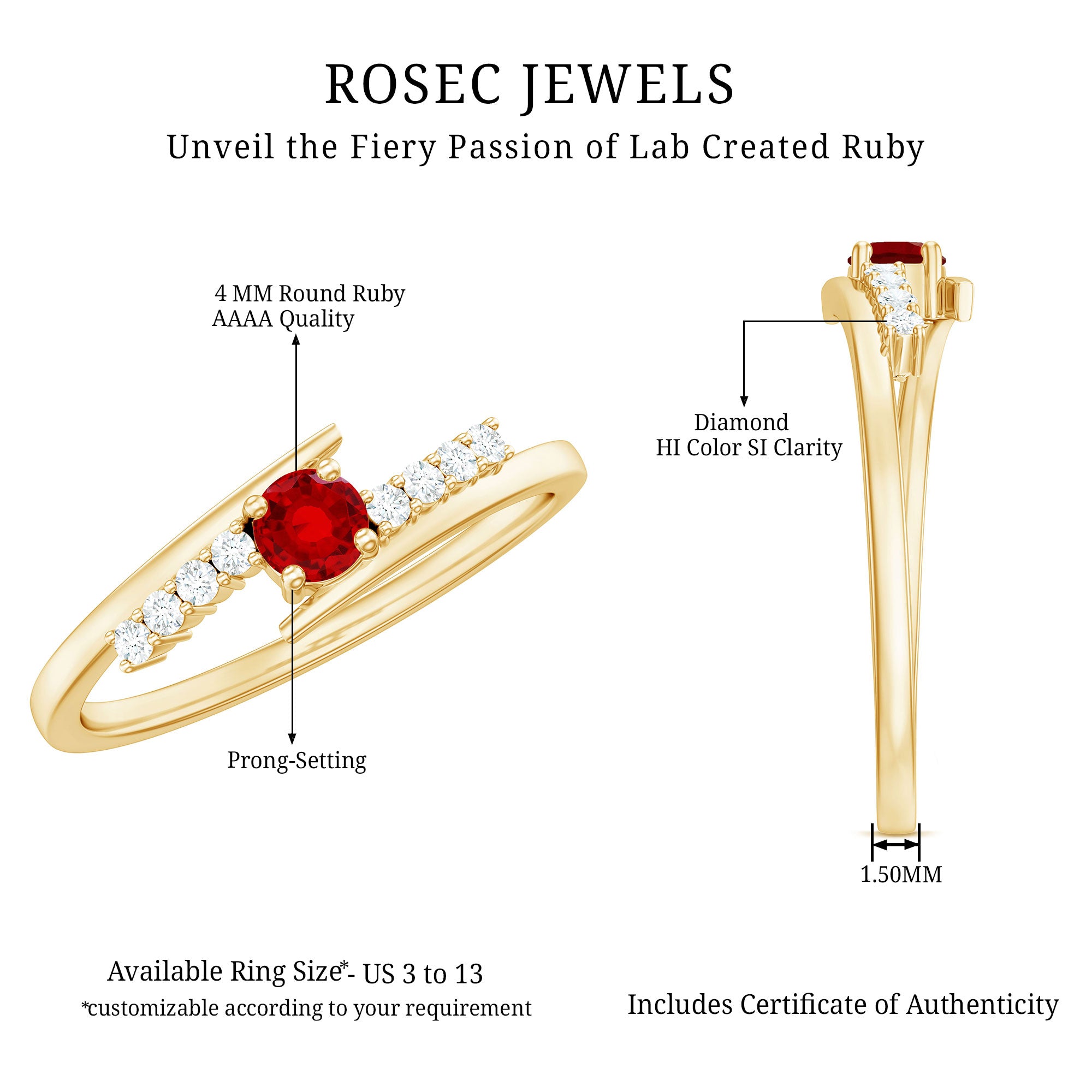 Rosec Jewels-Lab Created Ruby and Diamond Promise Ring in Bypass Shank