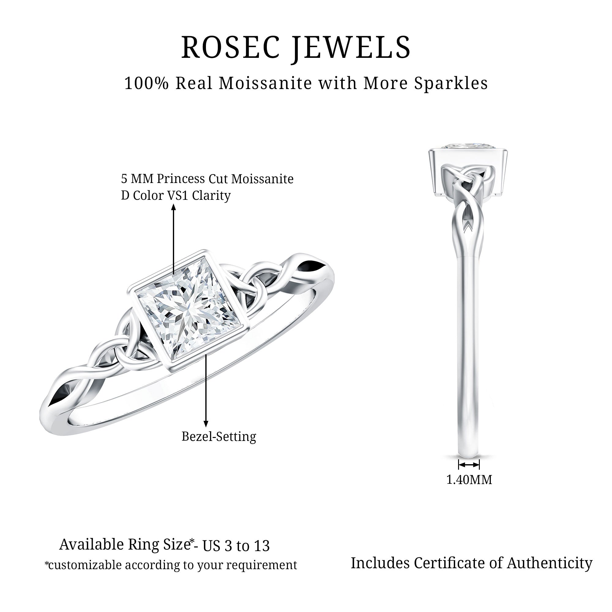 Princess Cut Moissanite Promise Ring in Bezel Setting D-VS1 - Rosec Jewels