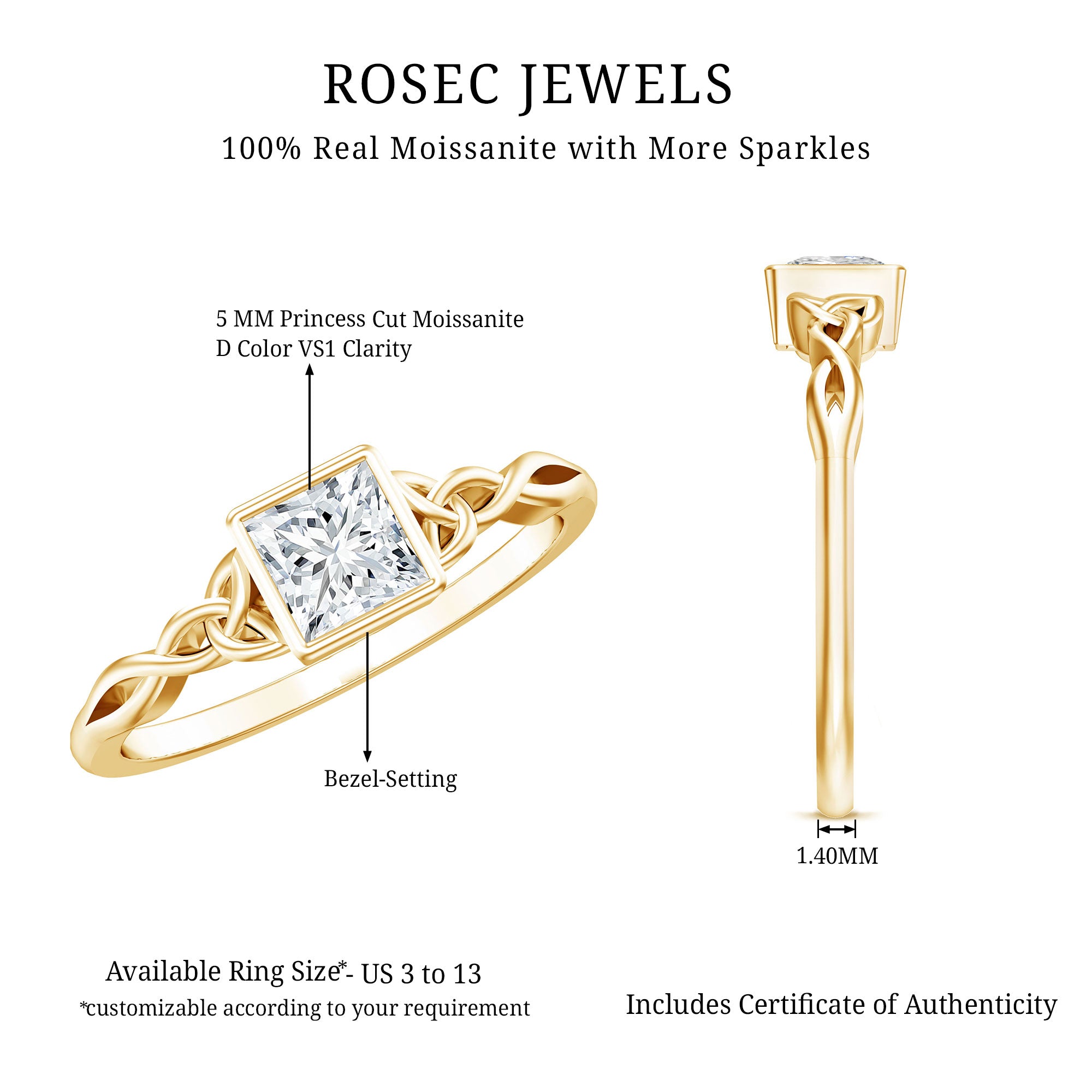 Princess Cut Moissanite Promise Ring in Bezel Setting D-VS1 - Rosec Jewels