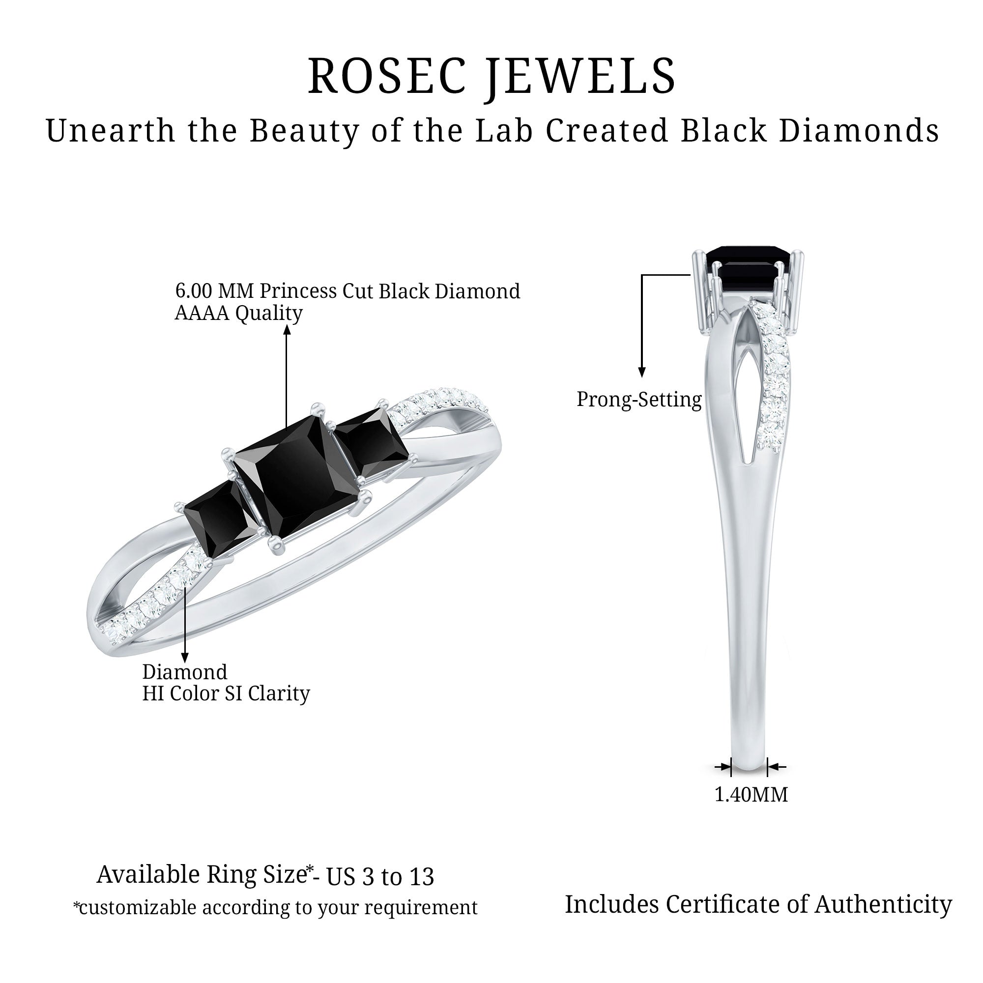 Certified Lab Grown Black Diamond 3 Stone Engagement Ring with White Diamond AAAA ( Synthetic ) - Rosec Jewels
