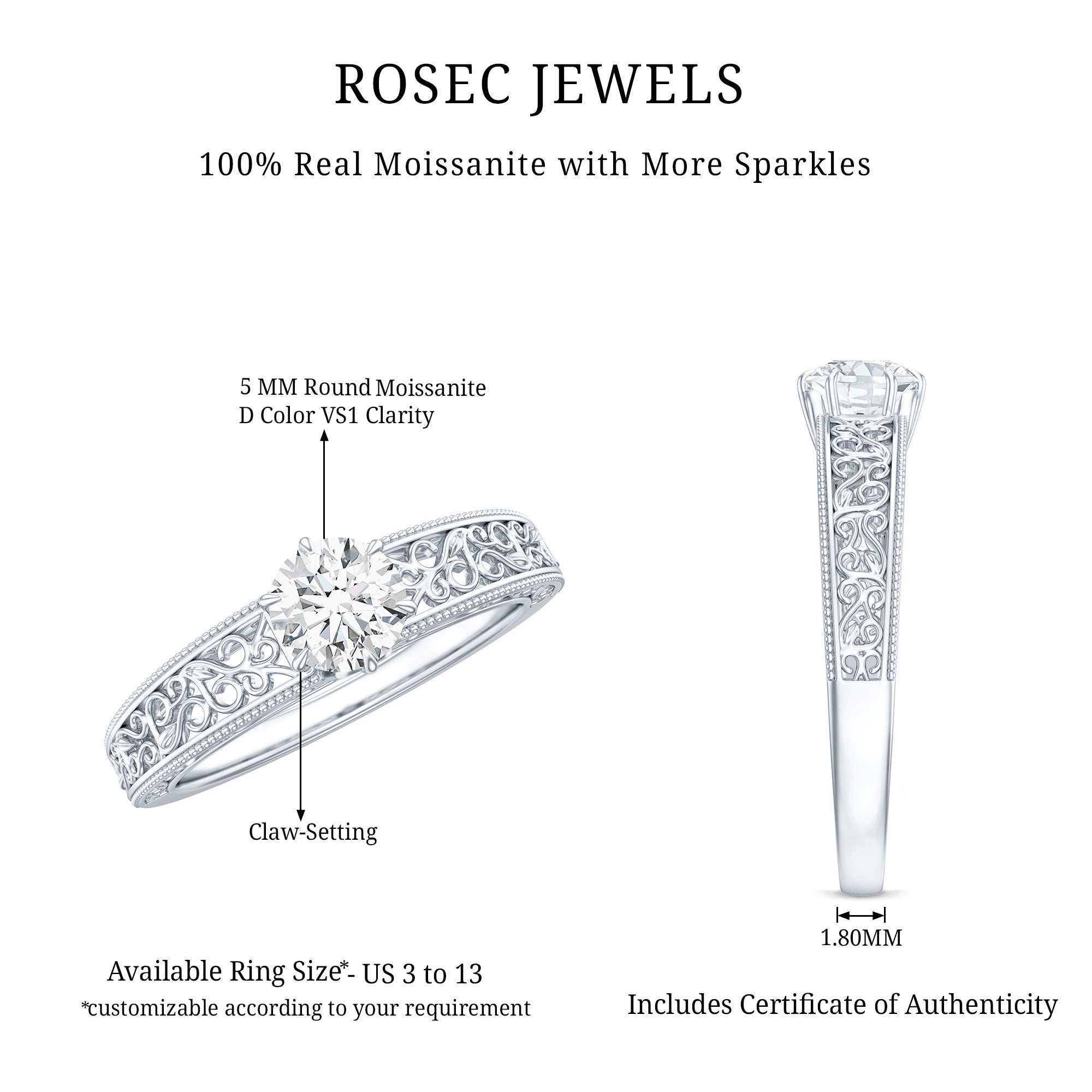 Round Cut Solitaire Moissanite Vintage Looking Engagement Ring D-VS1 - Rosec Jewels