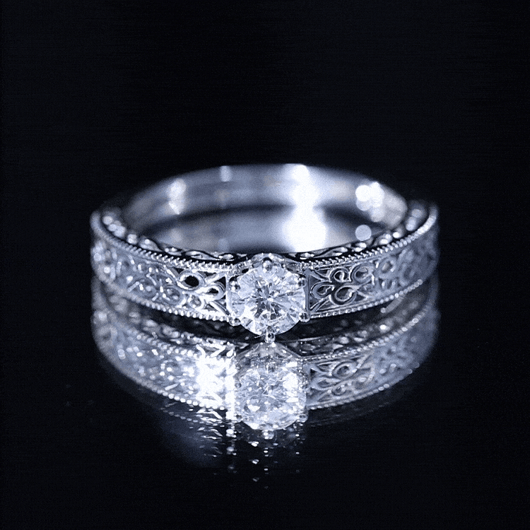 Round Cut Moissanite Solitaire Engagement Ring with Filigree Band D-VS1 - Rosec Jewels