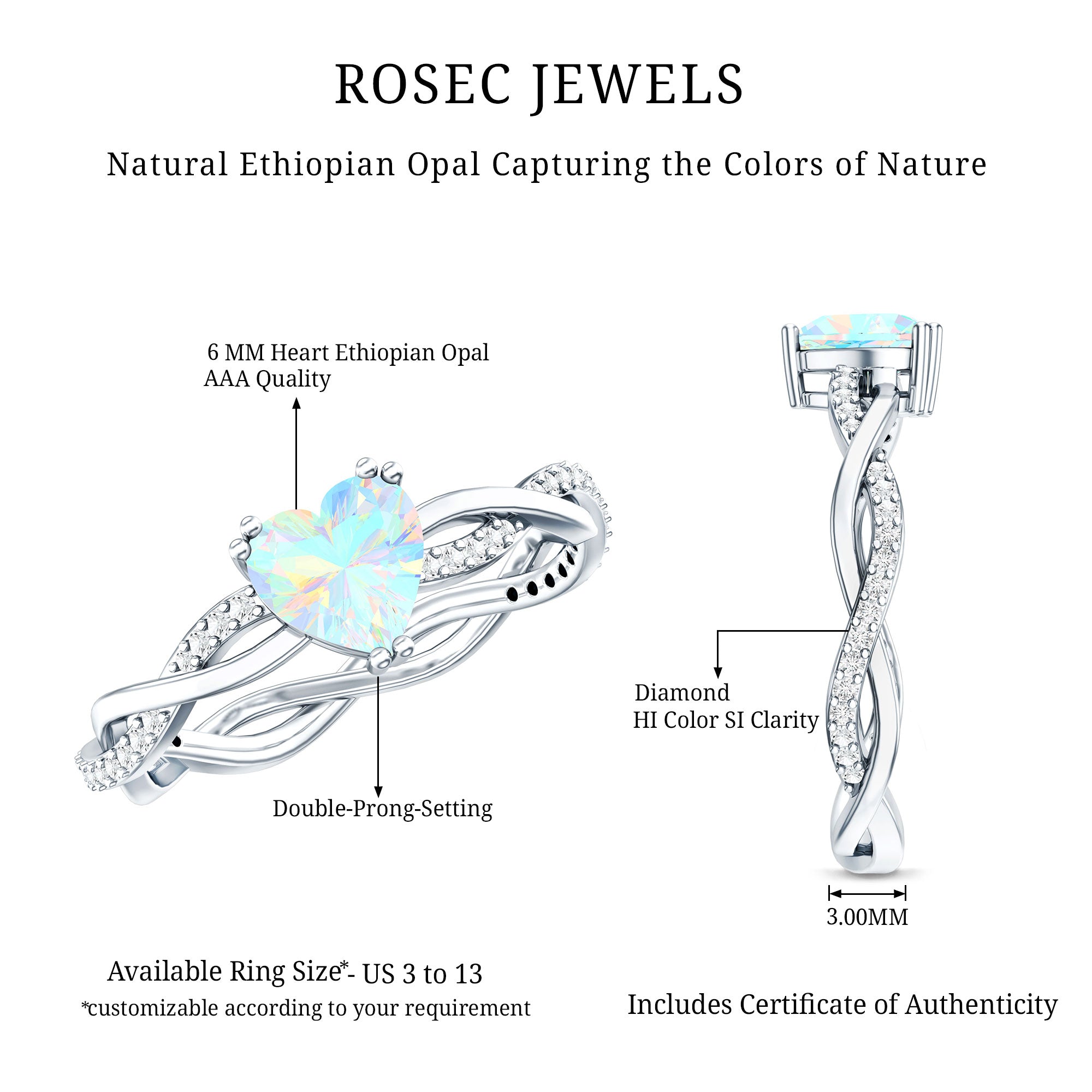 Natural Ethiopian Opal Diamond Heart Promise Engagement Ring AAA - Rosec Jewels