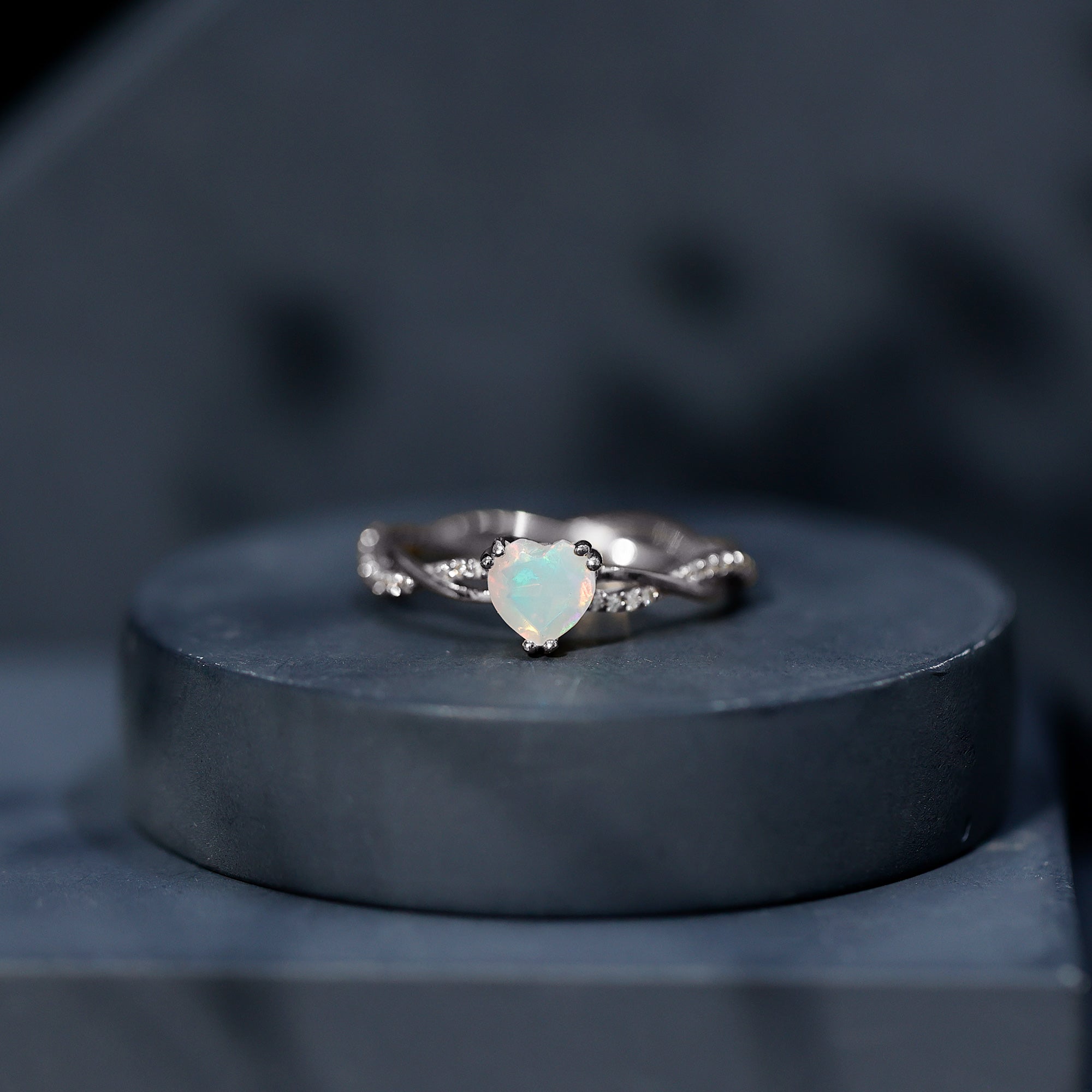 Natural Ethiopian Opal Diamond Heart Promise Engagement Ring AAA - Rosec Jewels
