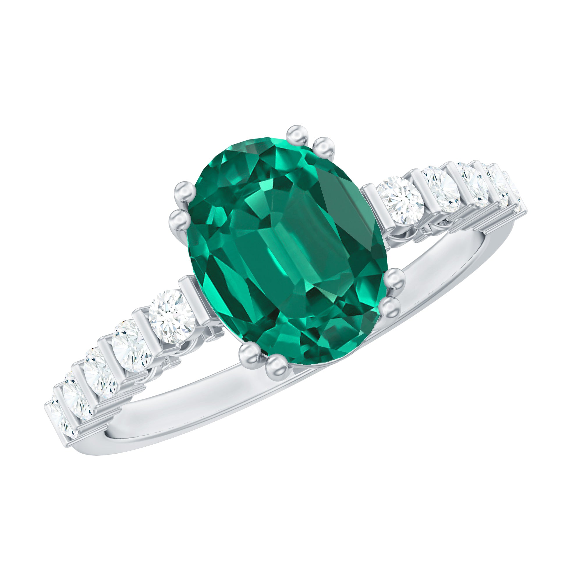 8x10mm Oval Cut Lab Created Emerald Solitaire Engagement Ring with Diamond