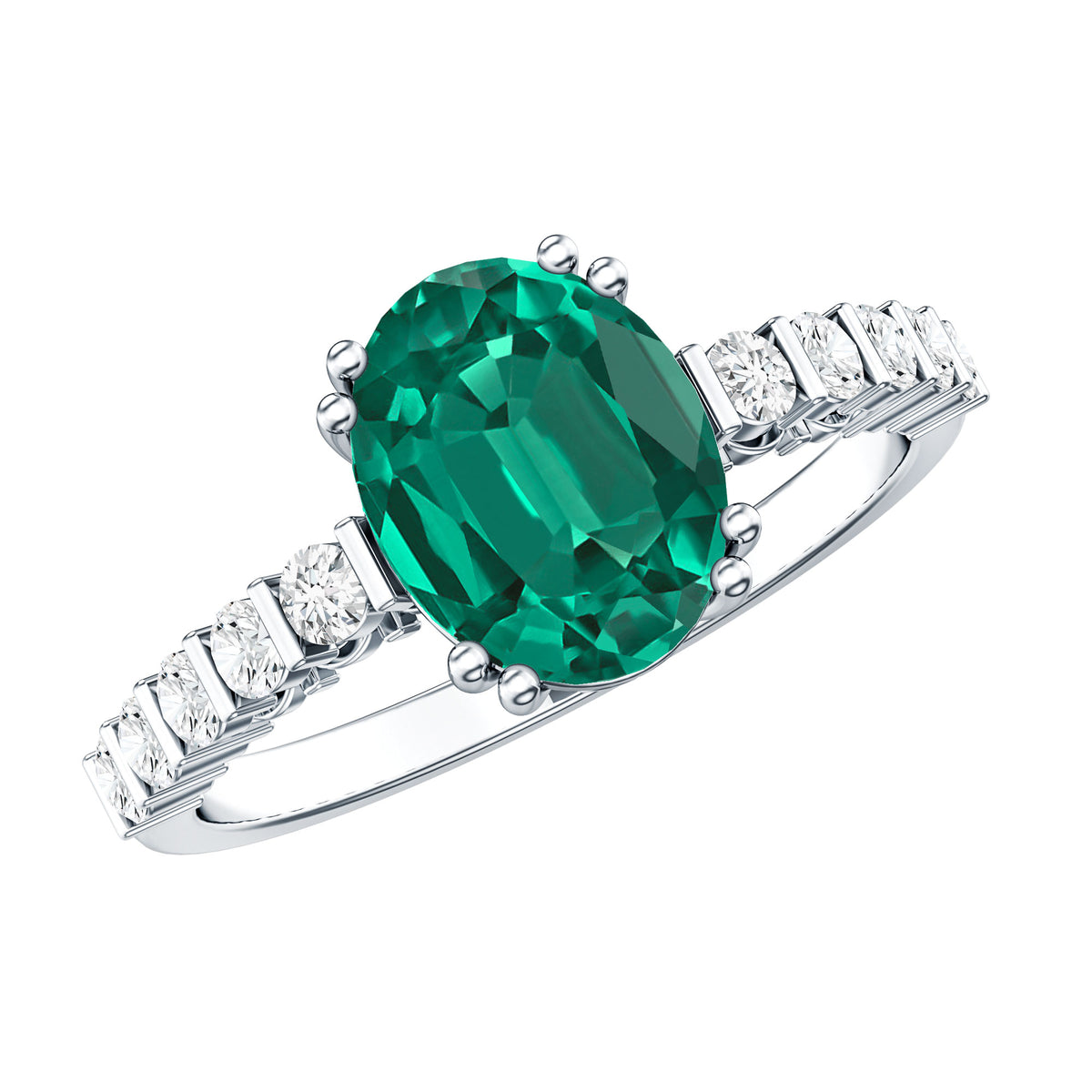 3 Carat Oval Cut Lab Created Emerald Solitaire Engagement Ring with Diamond AAAA - Rosec Jewels