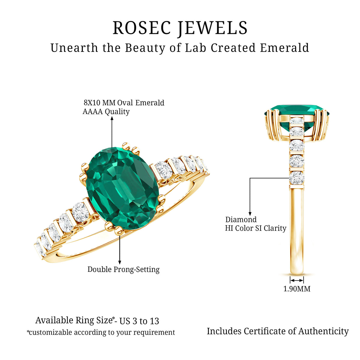 3 Carat Oval Cut Lab Created Emerald Solitaire Engagement Ring with Diamond AAAA - Rosec Jewels