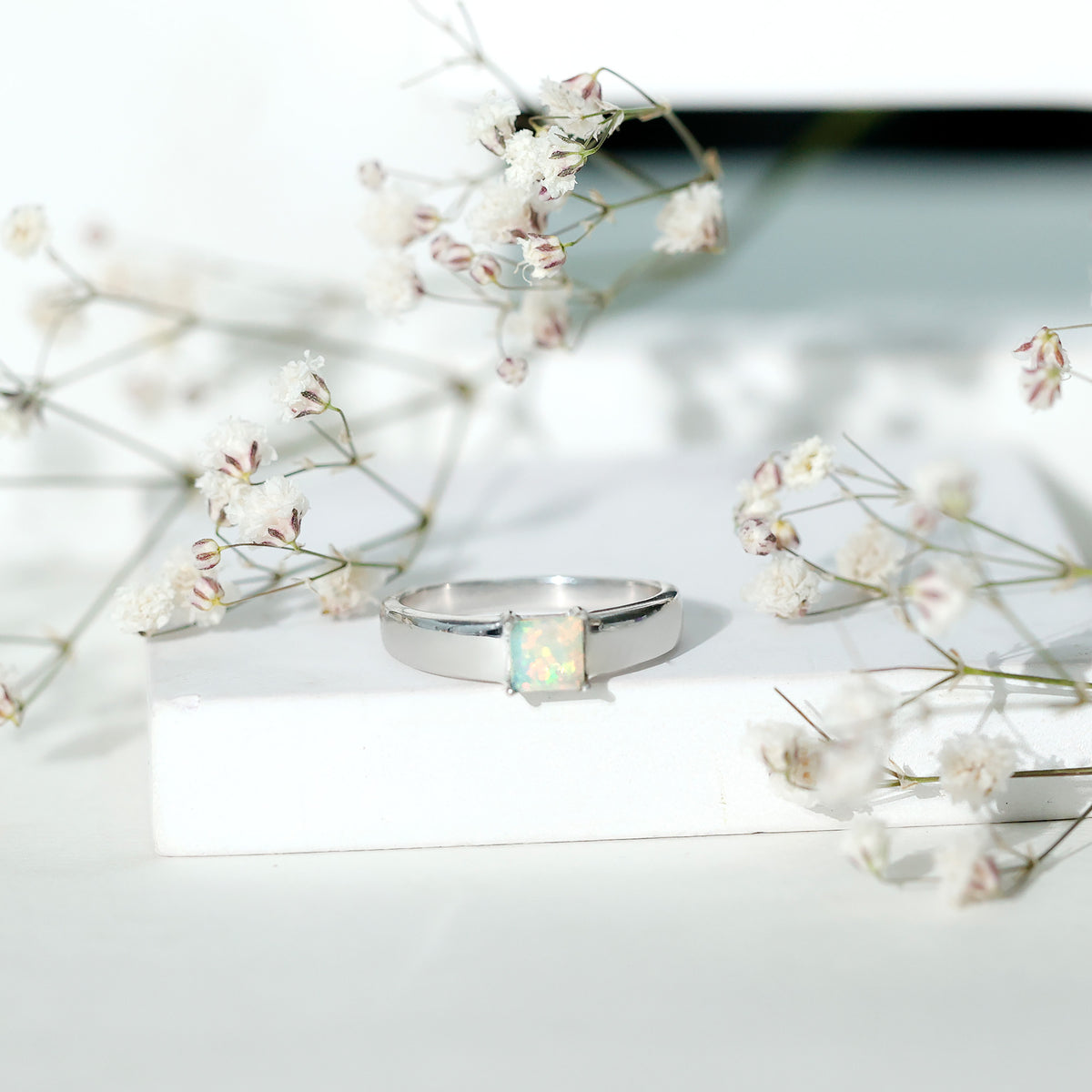 Certified Real Ethiopian Rainbow Opal Princess Cut Engagement Ring AAA - Rosec Jewels