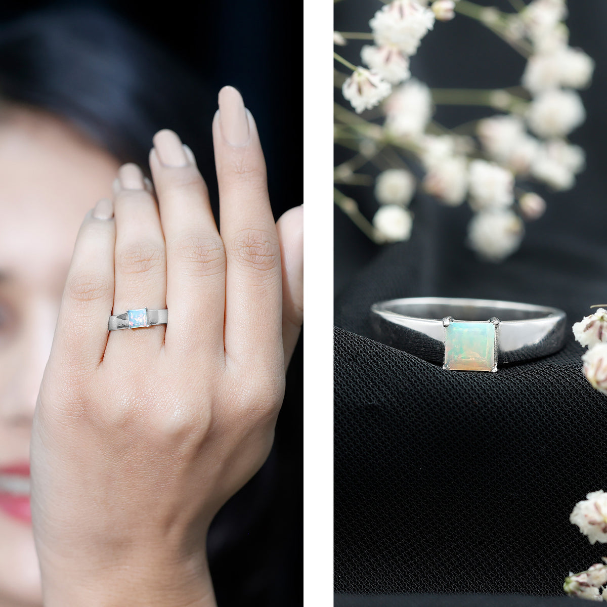 Certified Real Ethiopian Rainbow Opal Princess Cut Engagement Ring AAA - Rosec Jewels