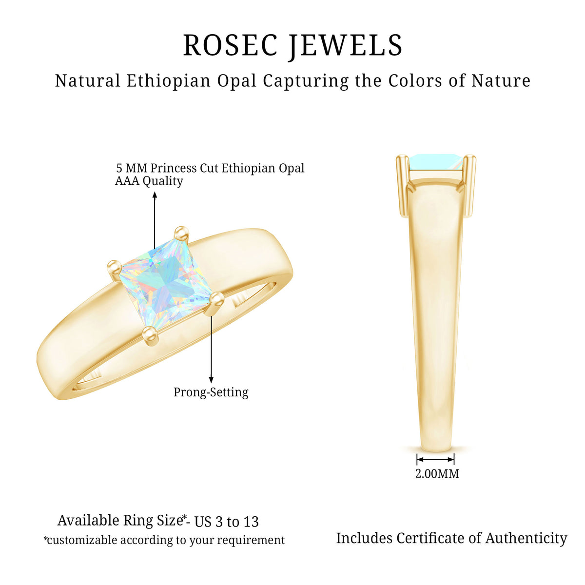 Certified Real Ethiopian Rainbow Opal Princess Cut Engagement Ring AAA - Rosec Jewels