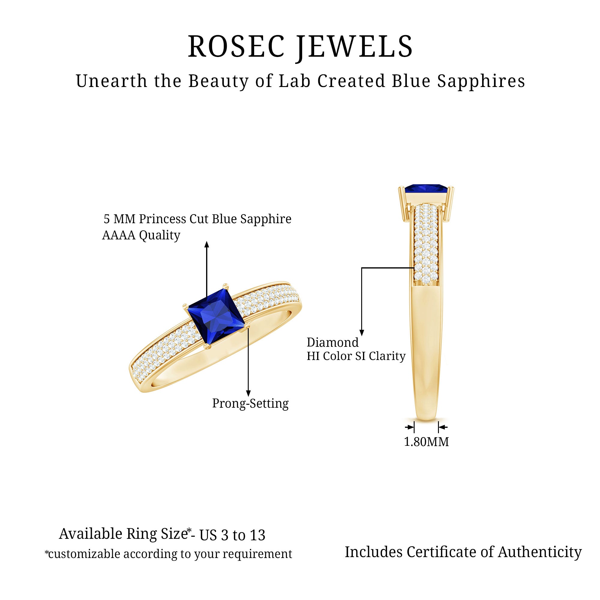 5mm Princess Cut Lab Created Blue Sapphire Promise Ring with Diamond AAAA - Rosec Jewels
